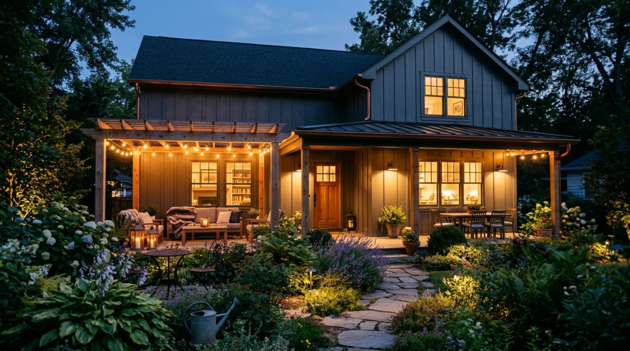 The final glow of a residential exterior at blue hour, where the matte vinyl siding absorbs the remaining daylight to create a soft, grounded presence in the landscape.