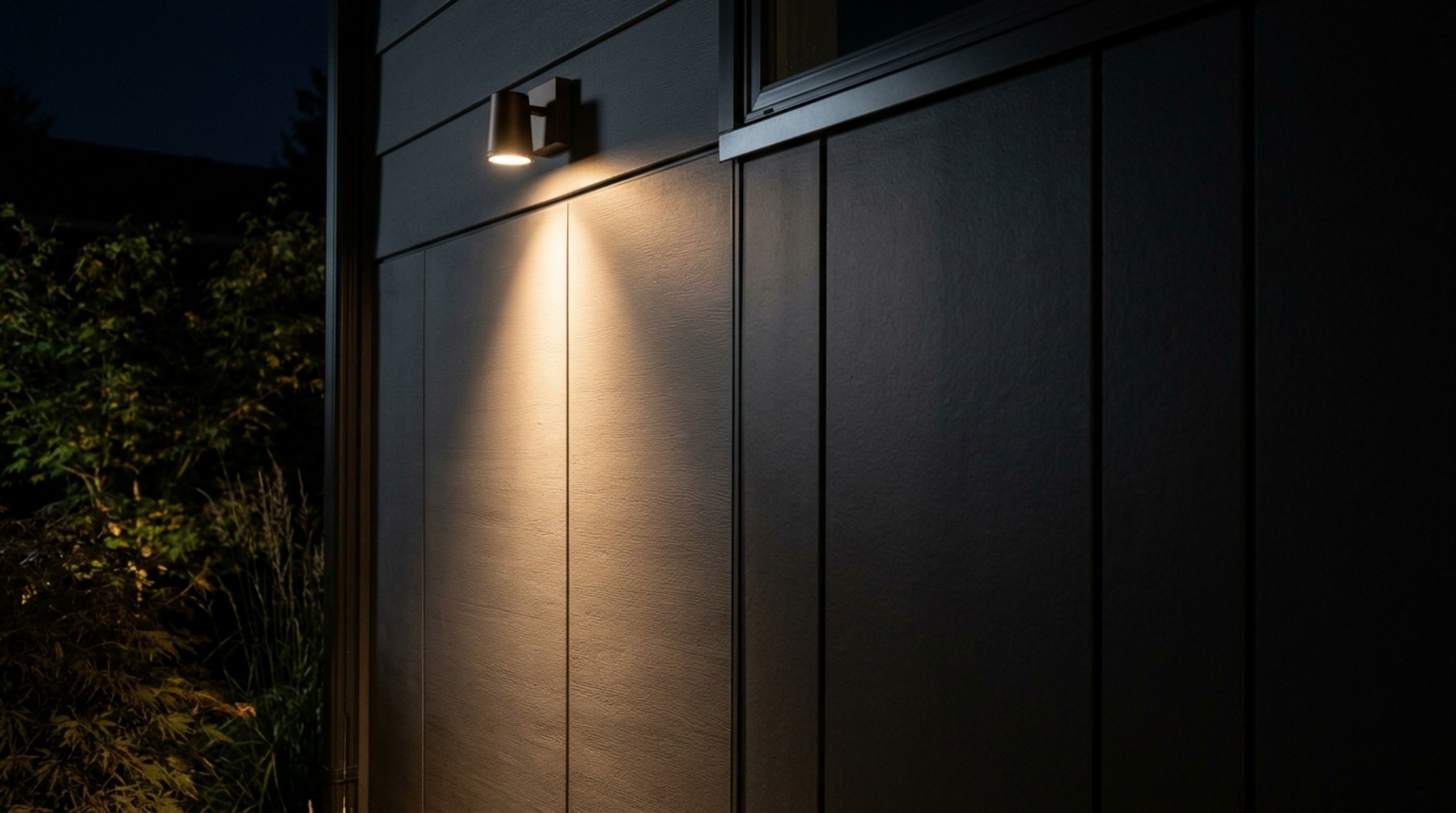 Warm 2700K landscape lighting casting soft, diffused shadows against a dark matte vinyl wall, illustrating the atmospheric quality of vinyl safe paint technology in low-light conditions.