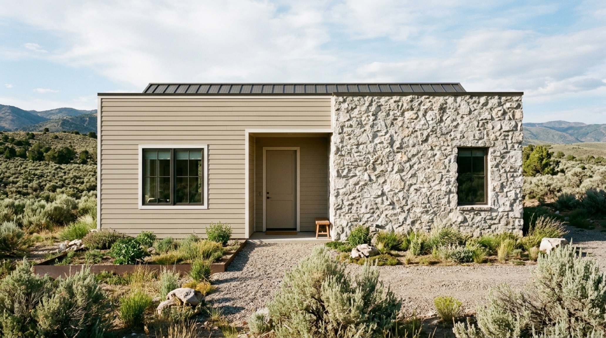 A seamless architectural transition between matte-painted vinyl siding and a natural stone chimney, emphasizing the low-contrast palette of an organic modern exterior home renovation.