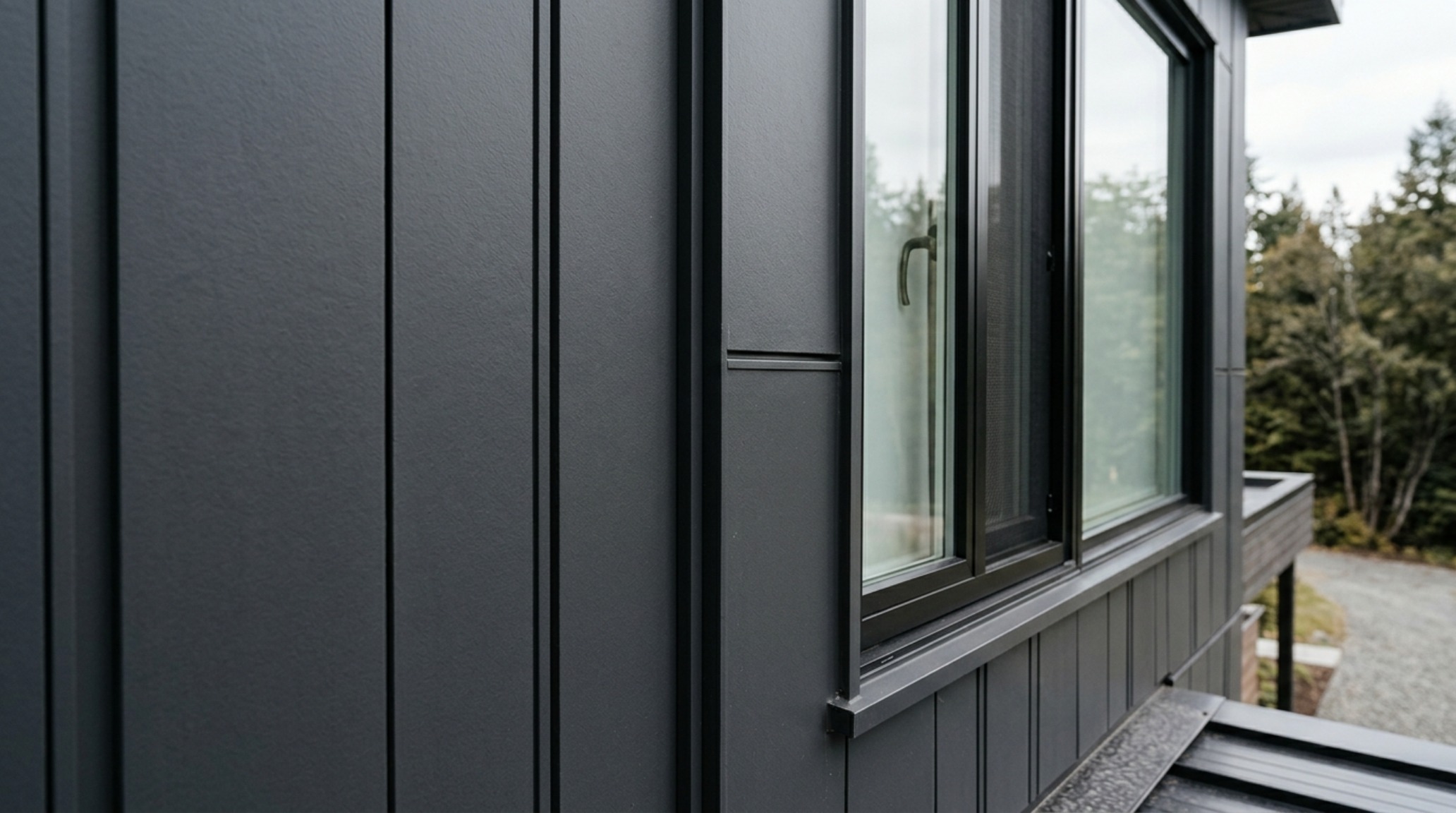 Detail shot of a matte black window frame against 'Drop Cloth' colored siding, highlighting the sophisticated layering of colors in matte finish exterior paint trends 2024.