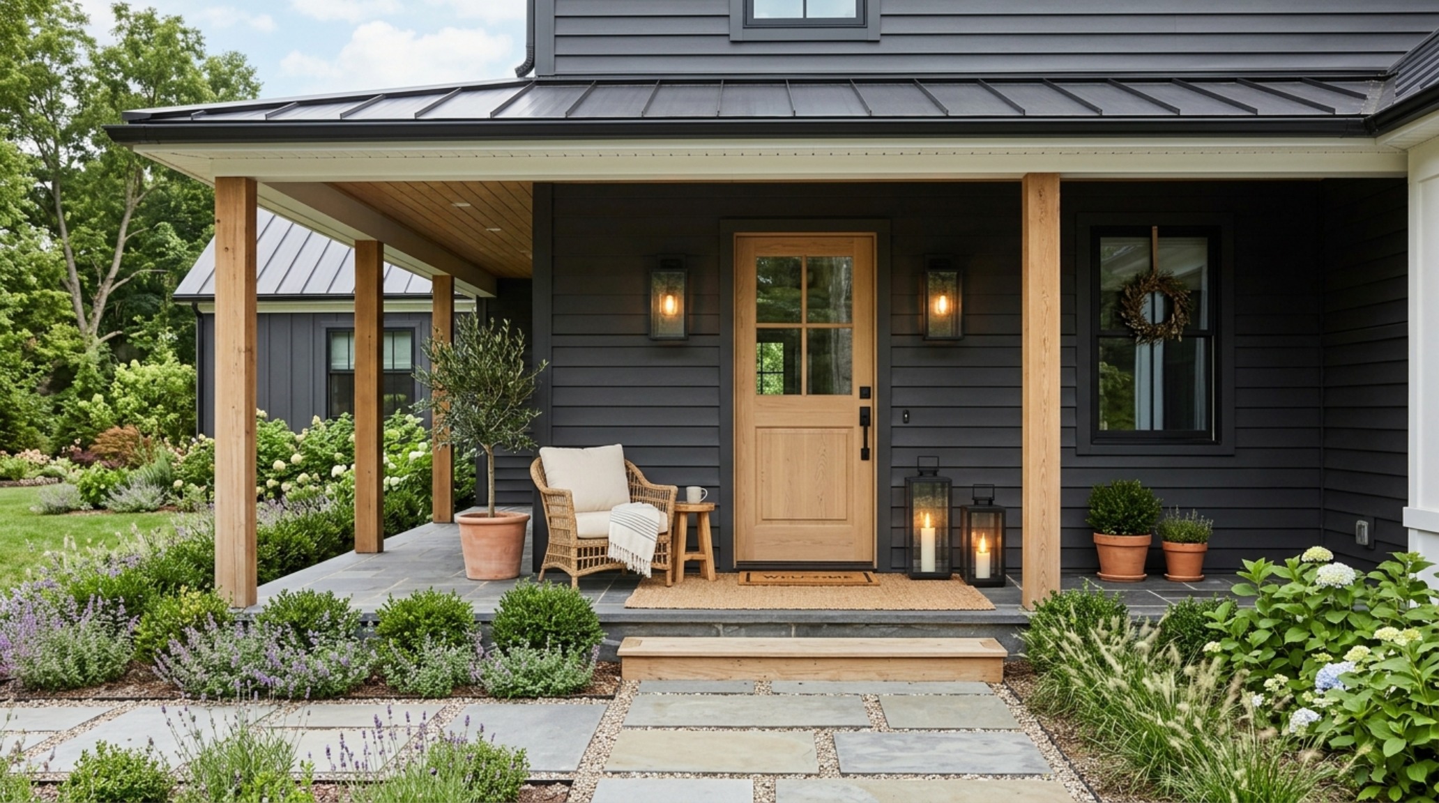 Close-up of a modern farmhouse entry with matte charcoal siding, providing visual proof of how can you paint vinyl siding decor ideas to create a prestigious, custom-built feel.