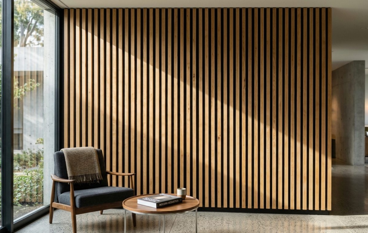 acoustic wood wall installation featuring vertical oak slats with black recycled PET felt backing for NRC 0.8 sound absorption