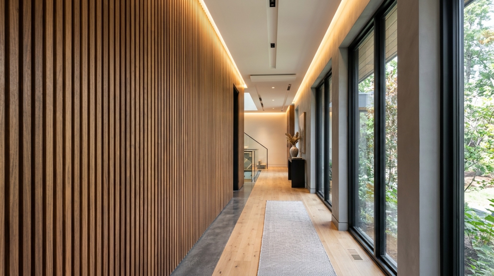slatted wood wall paneling trends showcasing thin cedar strips in a spa-like bathroom with integrated waterproof lighting