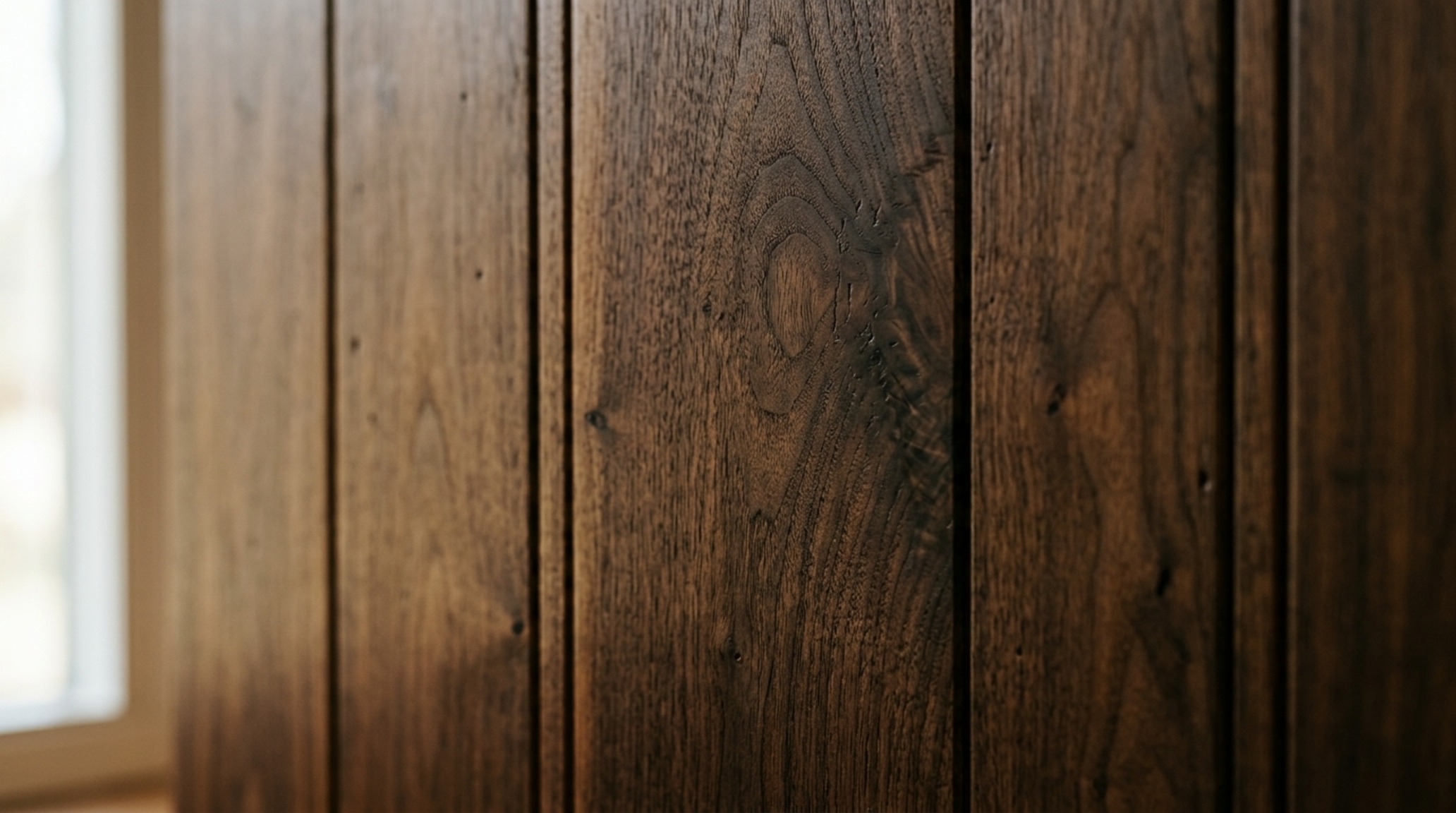 mid-century walnut wall covering used as a headboard feature wall with high CRI 90+ spotlights highlighting the grain