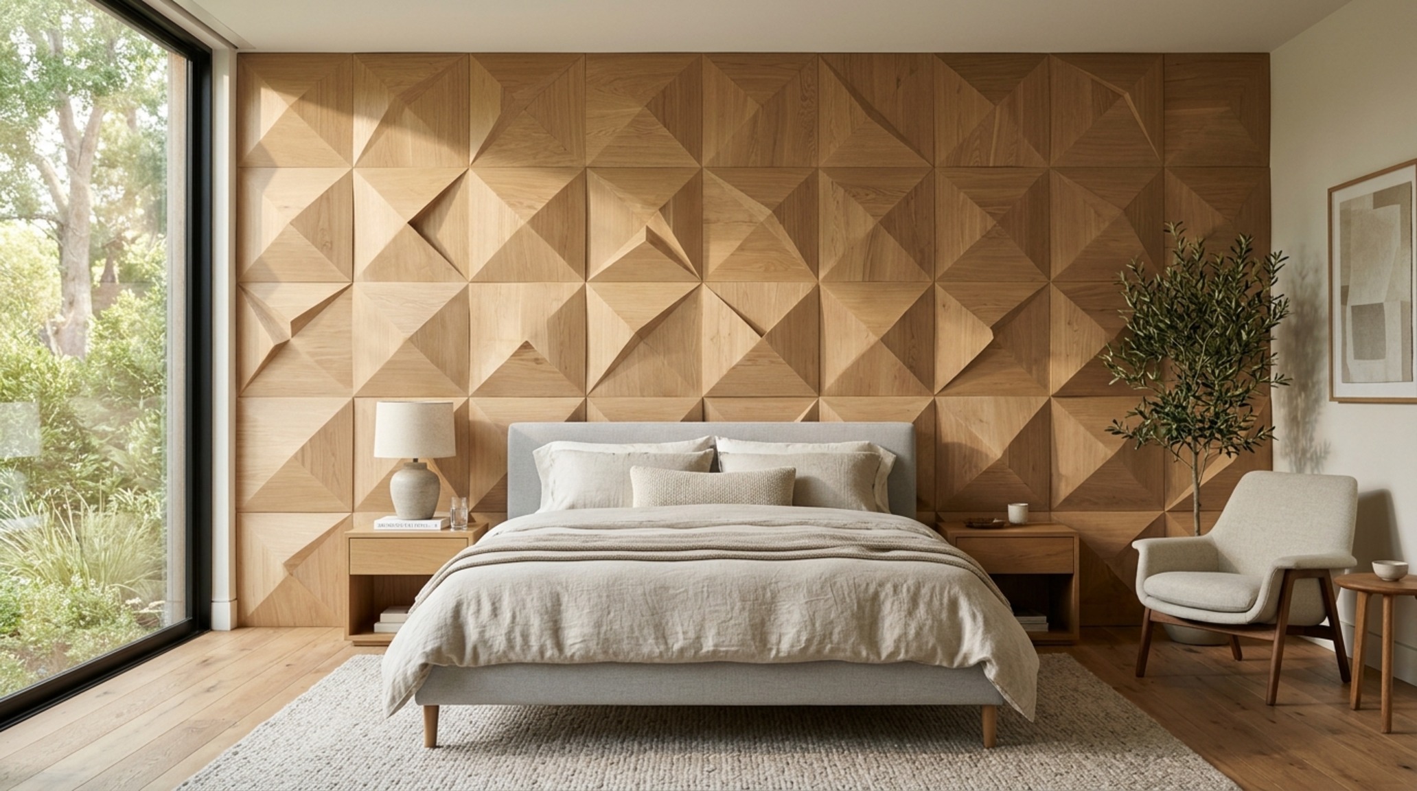 3D geometric wood wall design in a light-toned maple wood used to create a modern textured feature in an entryway