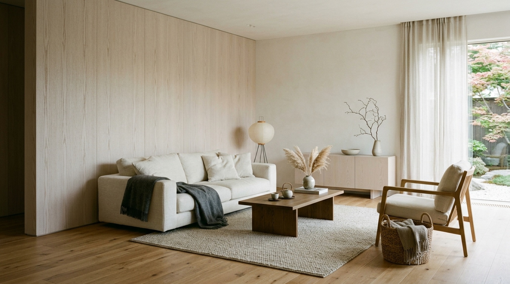 japandi interior wood textures in a minimalist living room with pale ash wood panels and a low-profile linen sofa