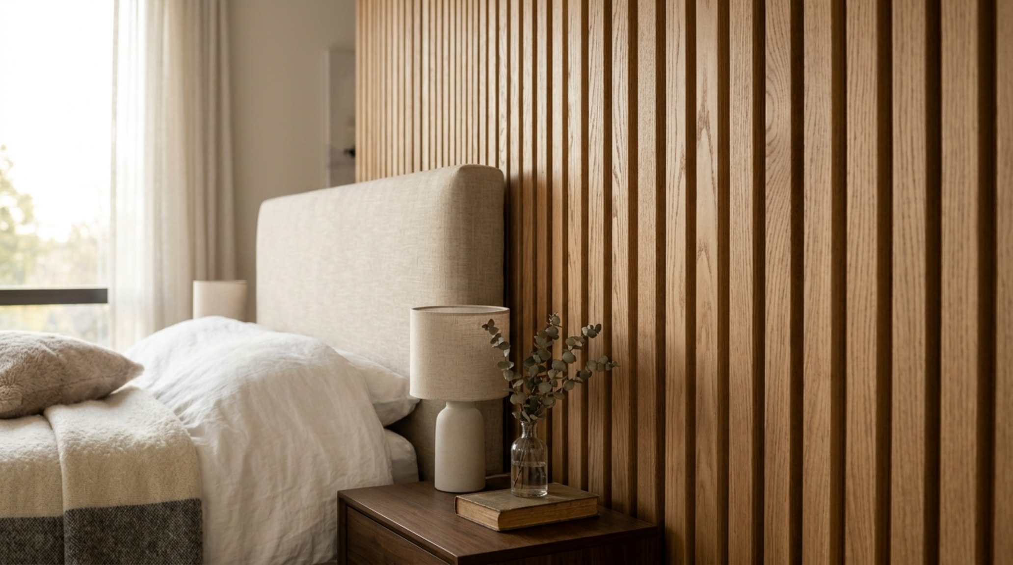 fluted timber wall accents in a contemporary bedroom catching soft morning light to create a rhythmic shadow play
