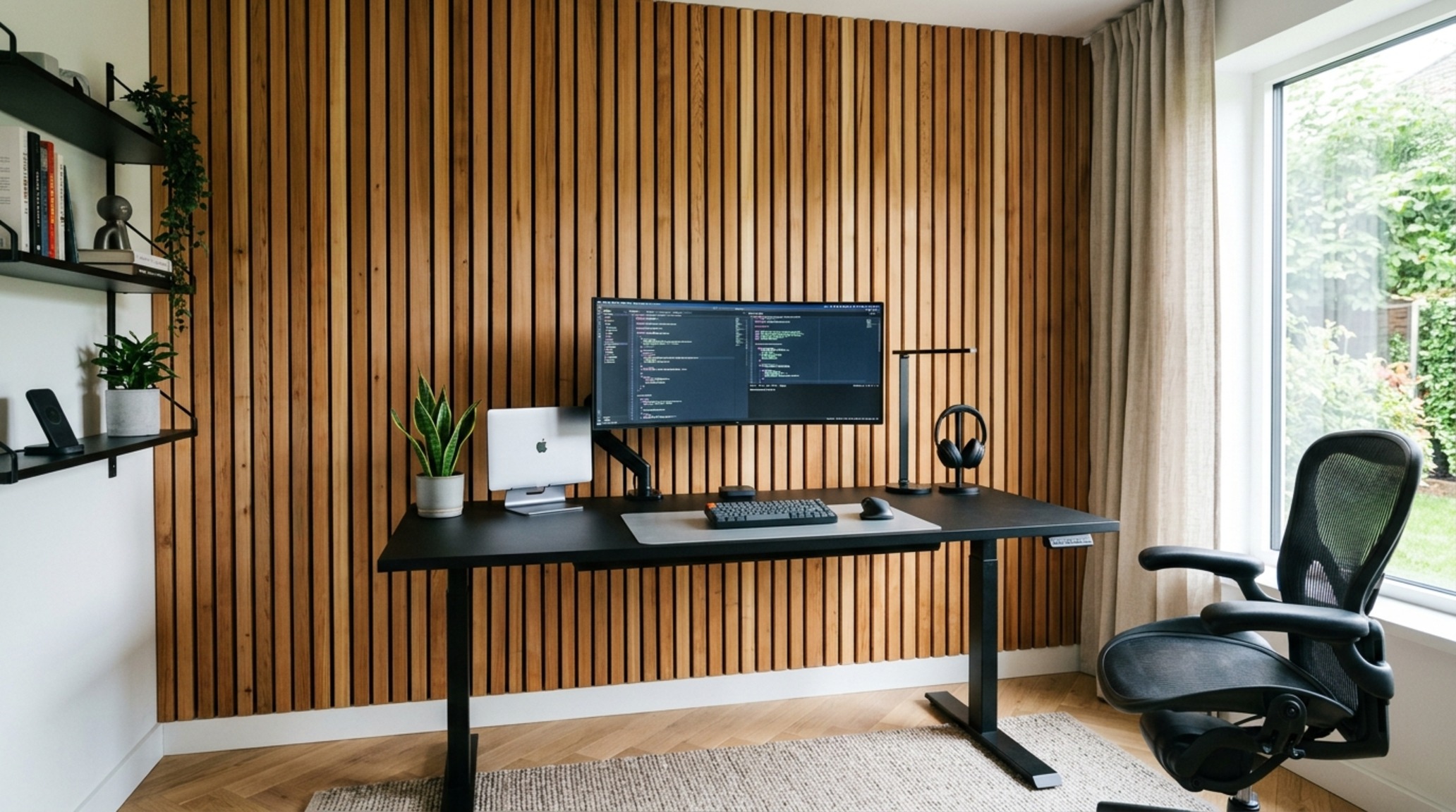 slatted wood wall paneling trends utilized in a modern home office to define a functional workspace with ergonomic clearances