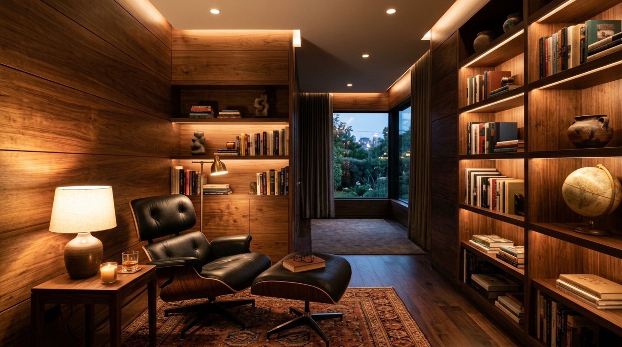 mid-century walnut wall covering in a sophisticated lounge area paired with vintage leather seating and warm 2700K lighting