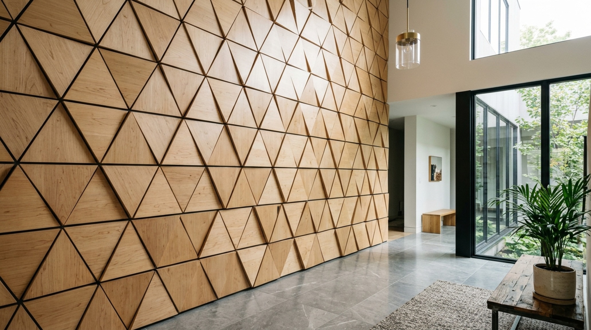 3D geometric wood wall design creating a sculptural feature in a high-ceilinged foyer with honed travertine flooring