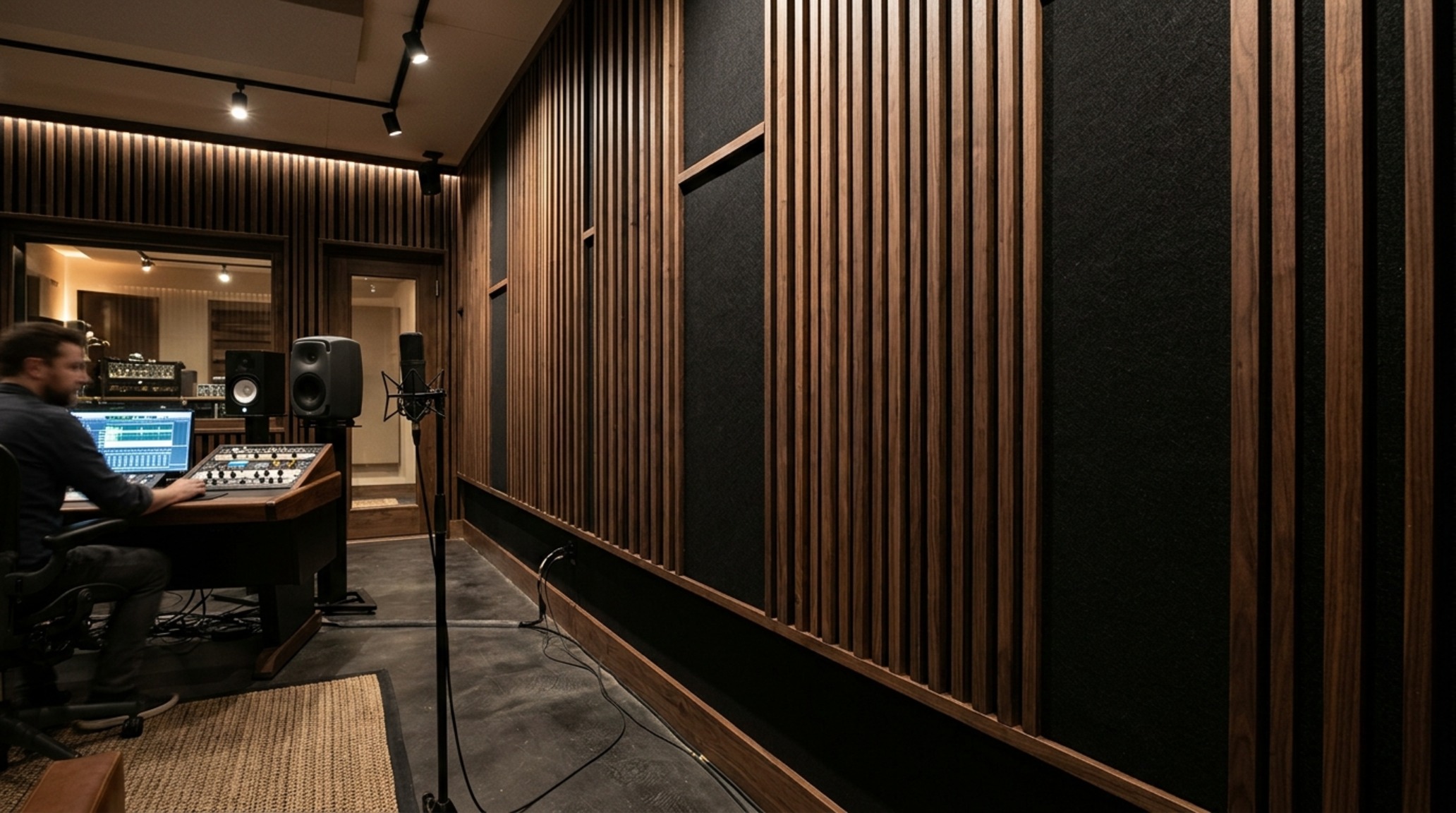 acoustic wood wall installation in a home theater setup showcasing precision mechanical fastening and sound-dampening properties