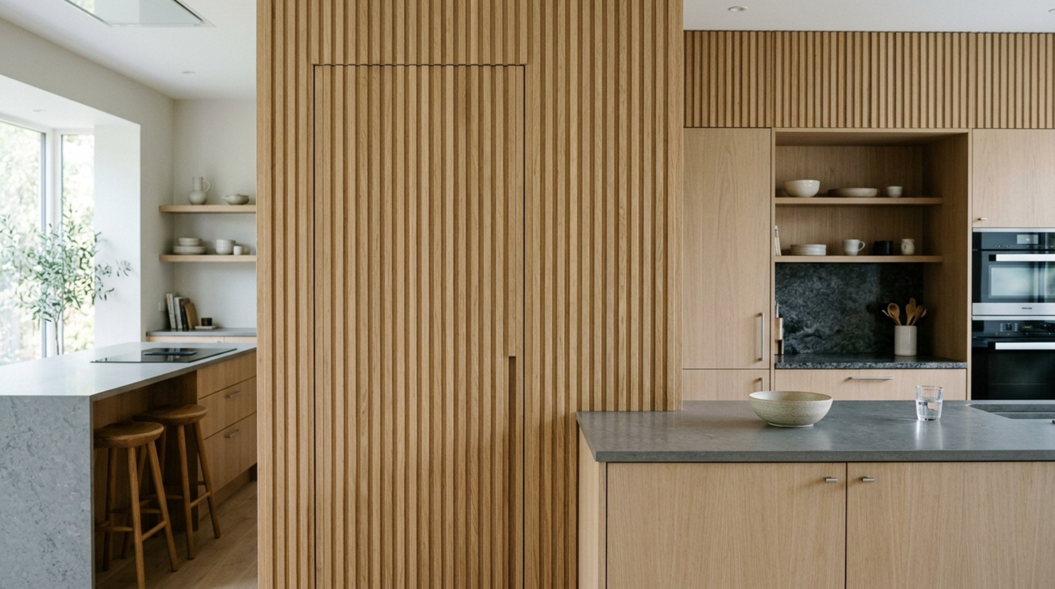 fluted timber wall accents used on a concealed pantry door for a seamless architectural finish in a luxury kitchen