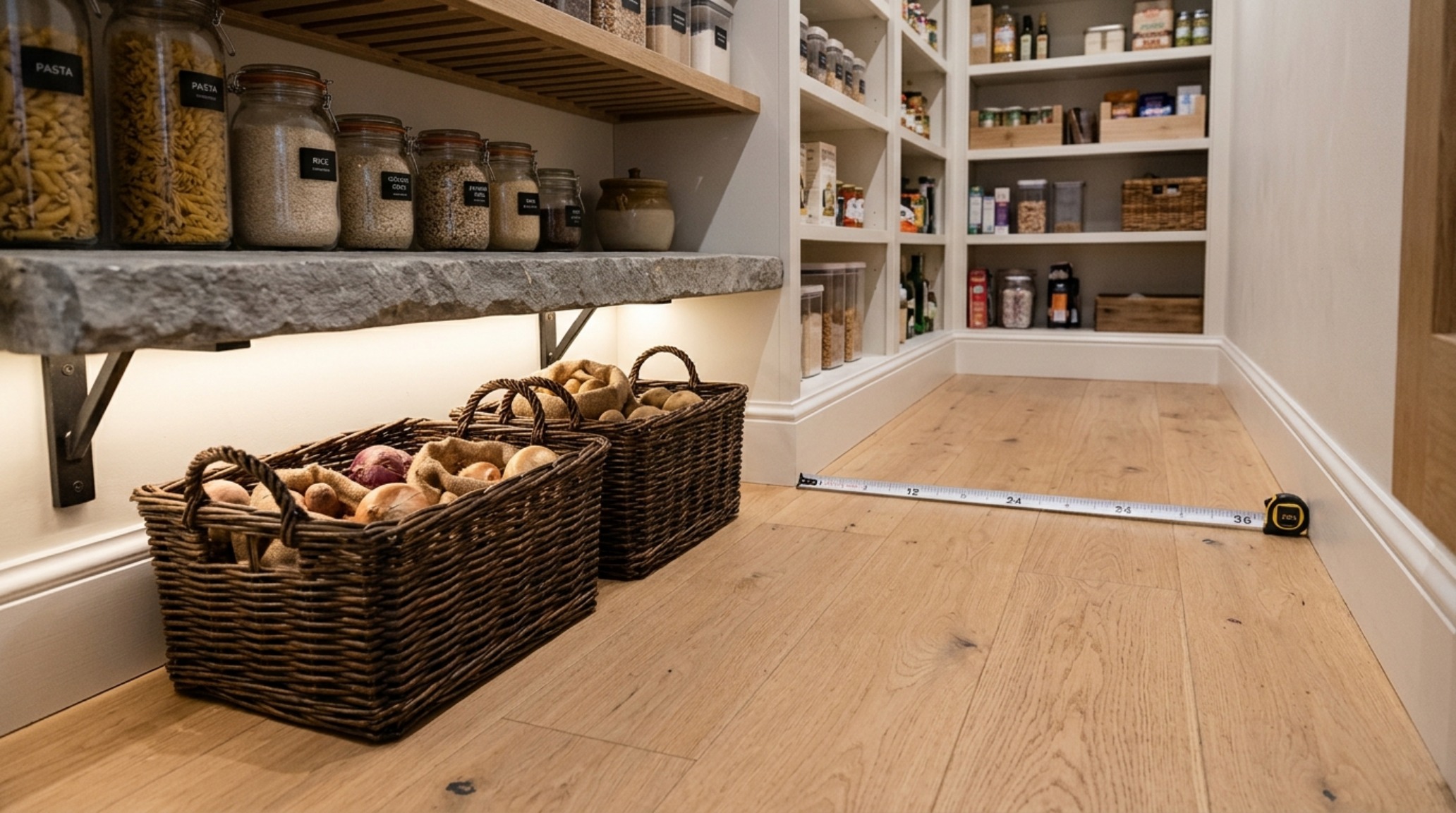 A collection of artisanal kitchen organization vessels including mouth-blown glass and hand-woven wicker on stone pantry shelves.