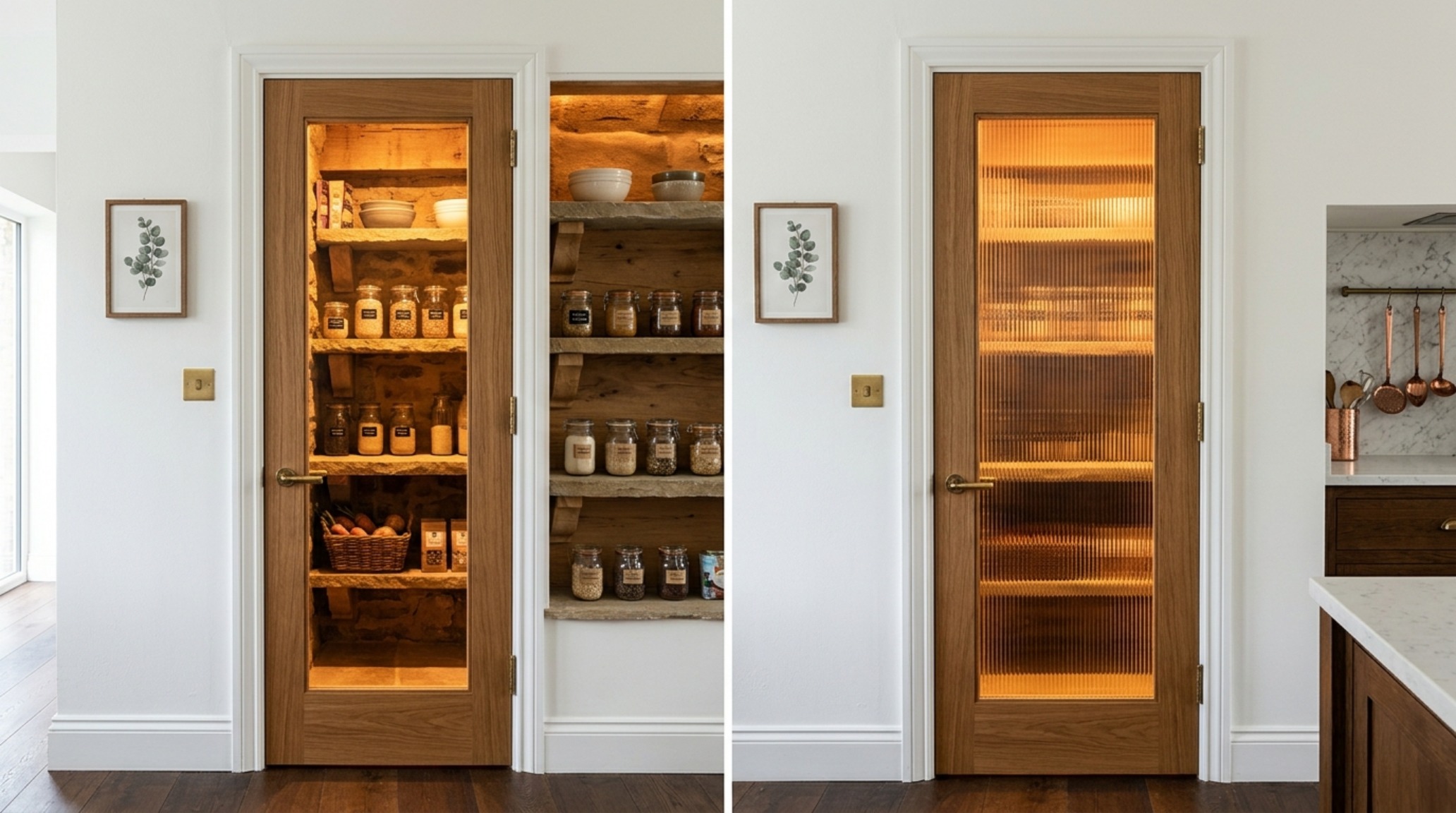 Vertical detail of fluted glass doors concealing kitchen pantry design 2025 elements and creating a soft visual blur.