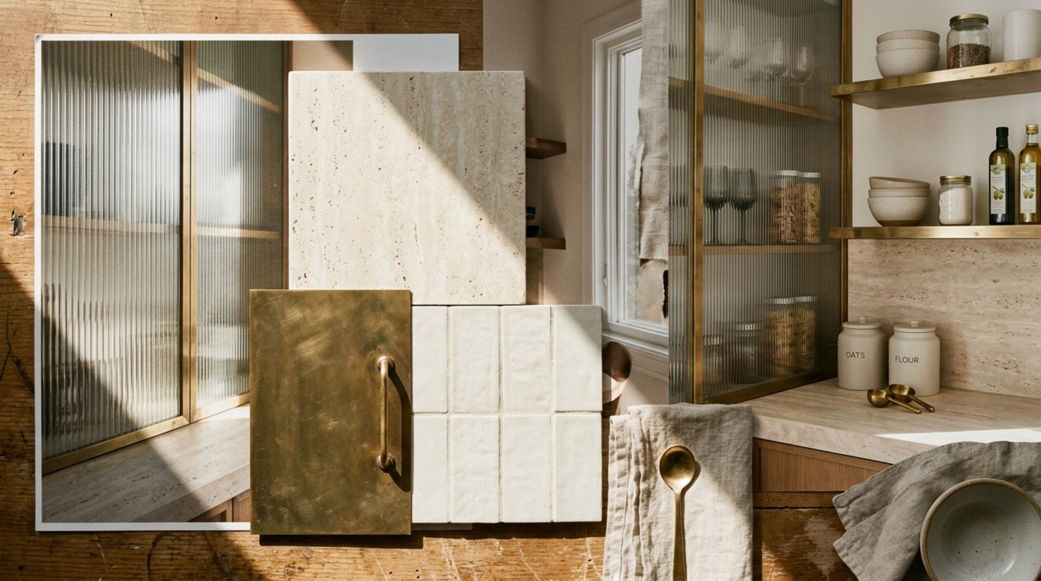 Architectural view of a small pantry entrance showing the transition from kitchen hardwood to tactile stone flooring and warm lighting.