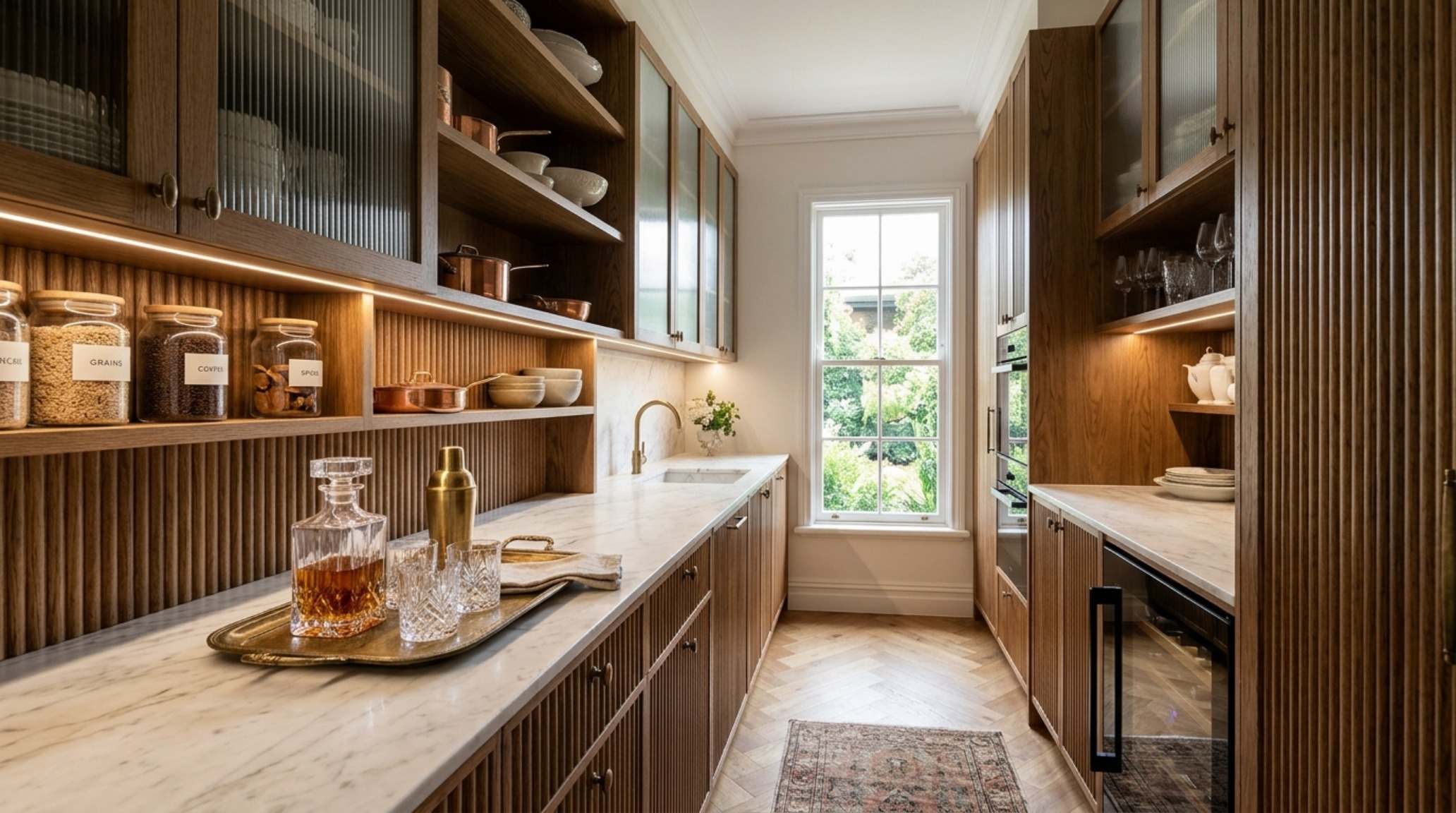Bespoke butler pantry cabinetry with reeded glass inserts and hidden kitchen storage trends 2025 features for a seamless aesthetic.