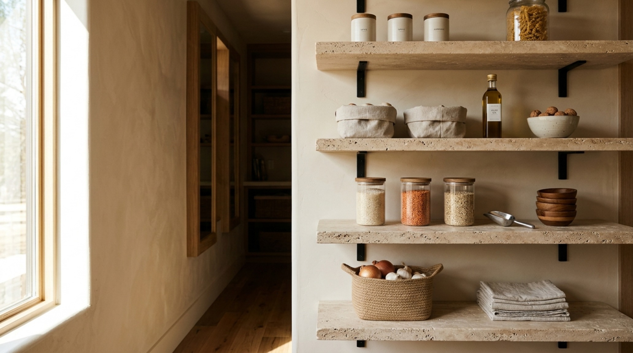 Honed travertine shelving layout with 12-inch depth featuring organized clear glass jars and matte stoneware canisters.