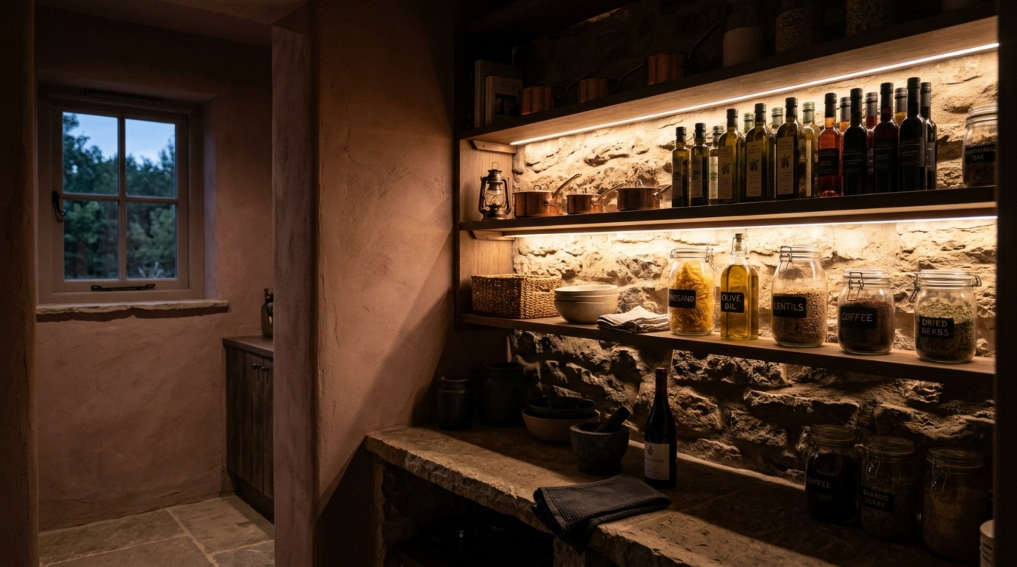 Warm amber glow from 2700K LED strips highlighting the raw texture of a limestone pantry backsplash and brass brackets.