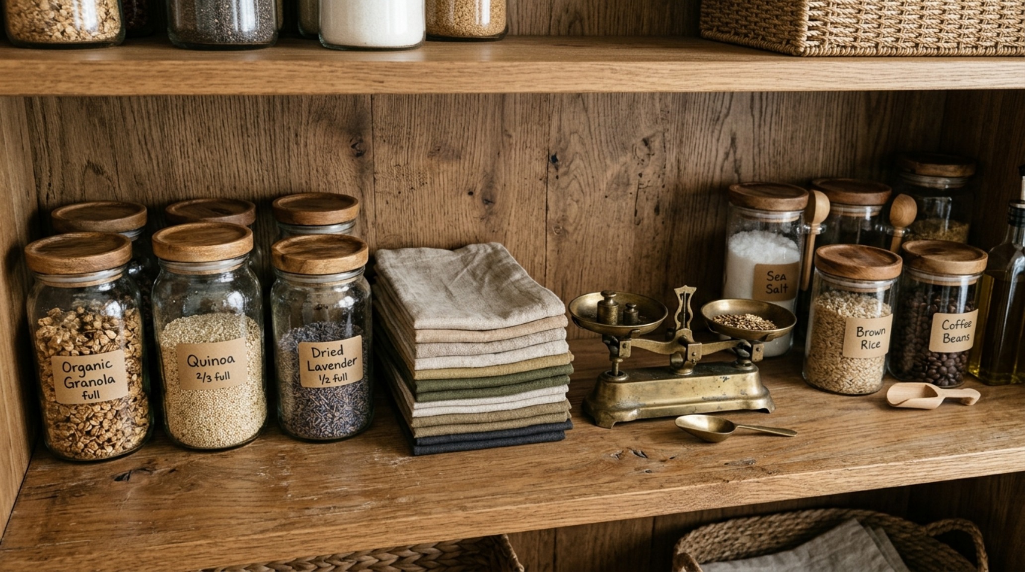 Small pantry shelves layout emphasizing negative space and high-end materials like fluted oak and unlacquered brass.