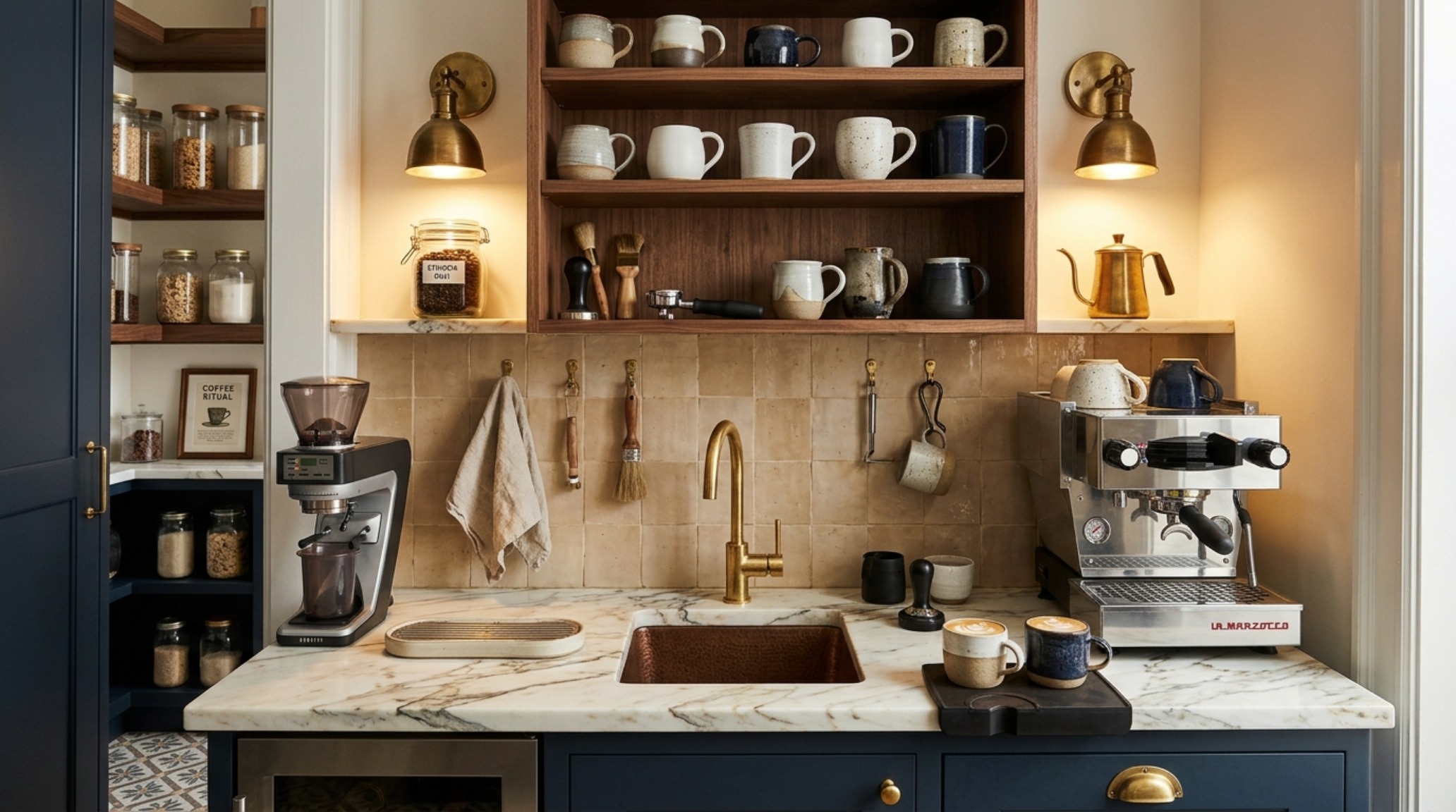 Modern pantry layout featuring a dedicated coffee station zone with a marble remnant countertop and architectural lighting.