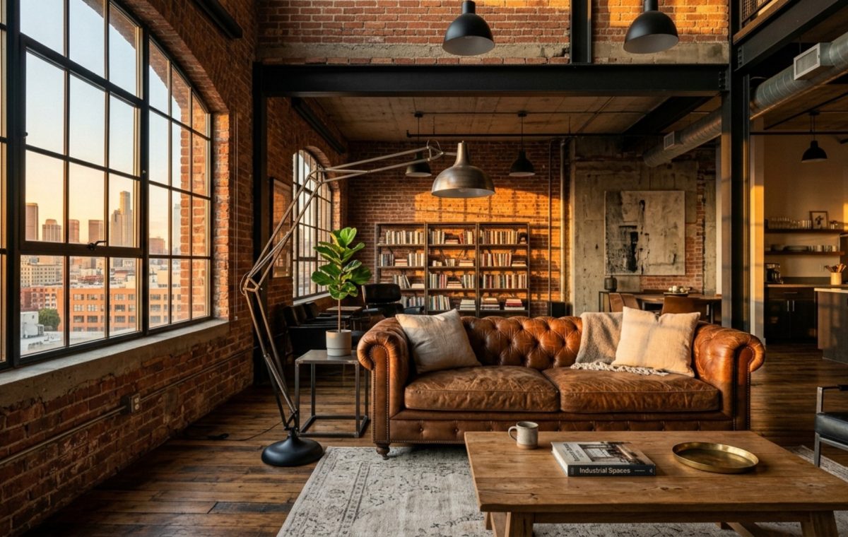 A sun-drenched industrial loft living room featuring exposed red brick, a cognac leather sofa, and matte black steel accents—prime examples of best house apartment may 2017 decor ideas.