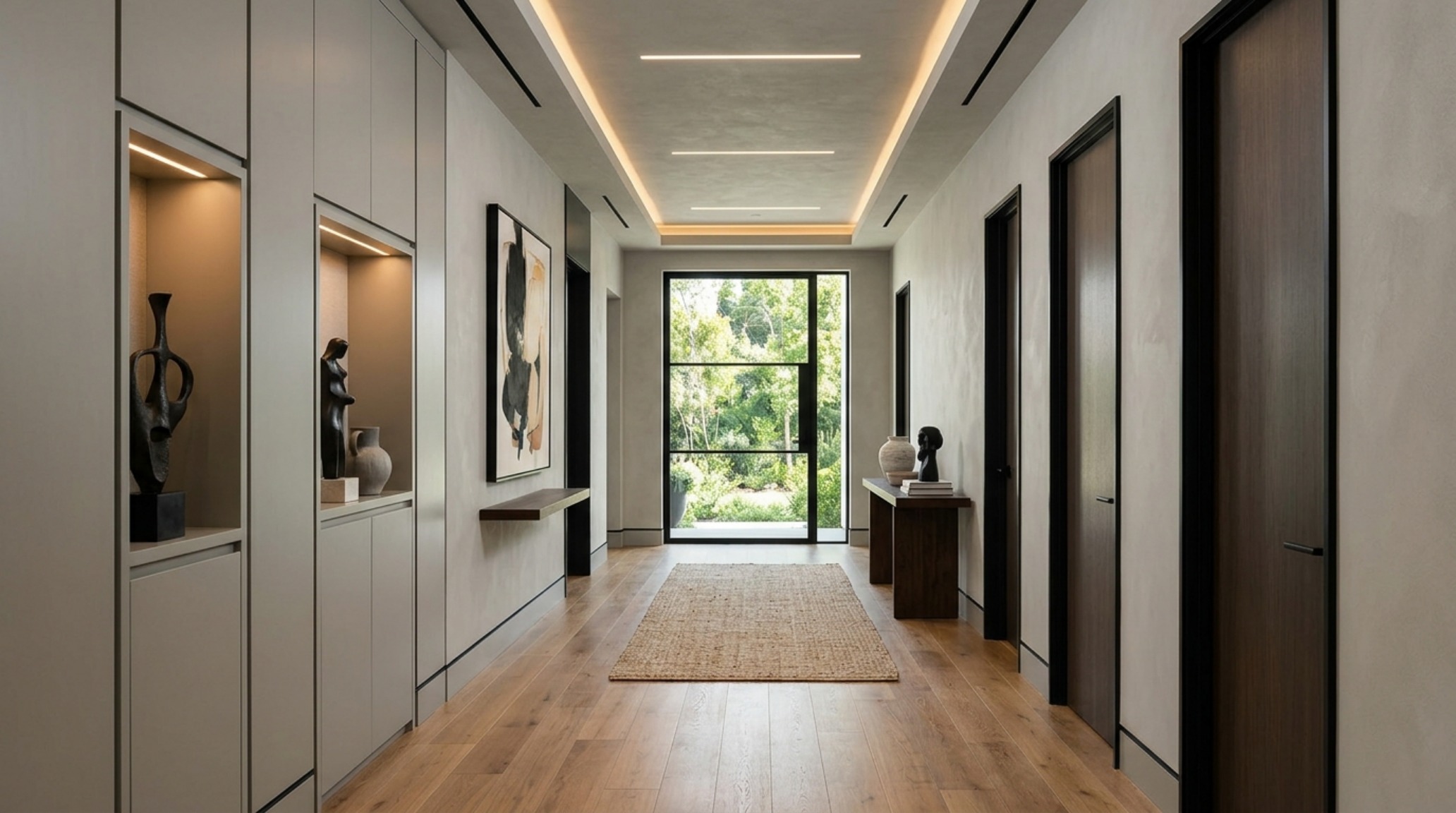 Architectural view of a hallway showing sightline alignment and the use of negative space to create breathing room in a 2017 urban apartment design.