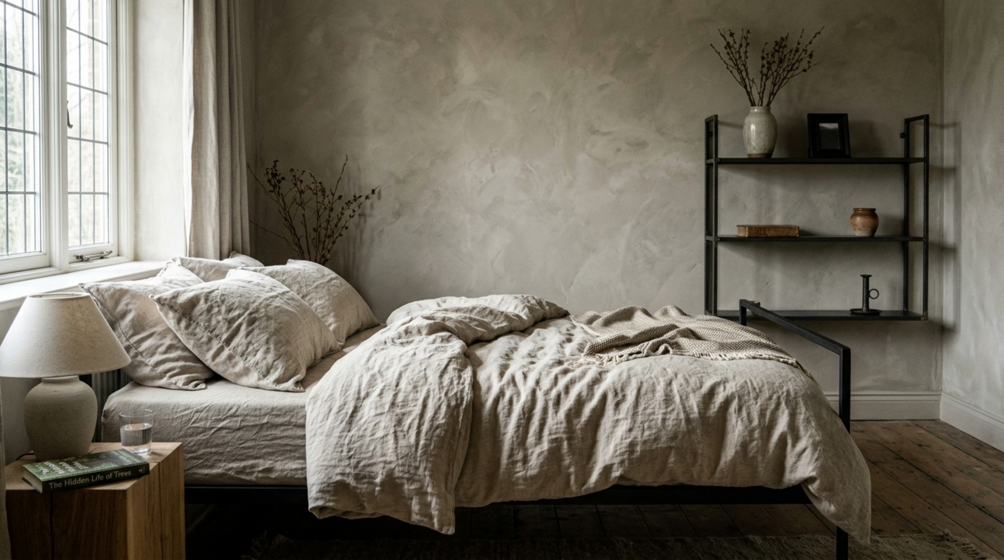 A cozy bedroom interior featuring greige limewash walls, textured linen bedding, and space-saving shelving made of thin blackened steel frames.