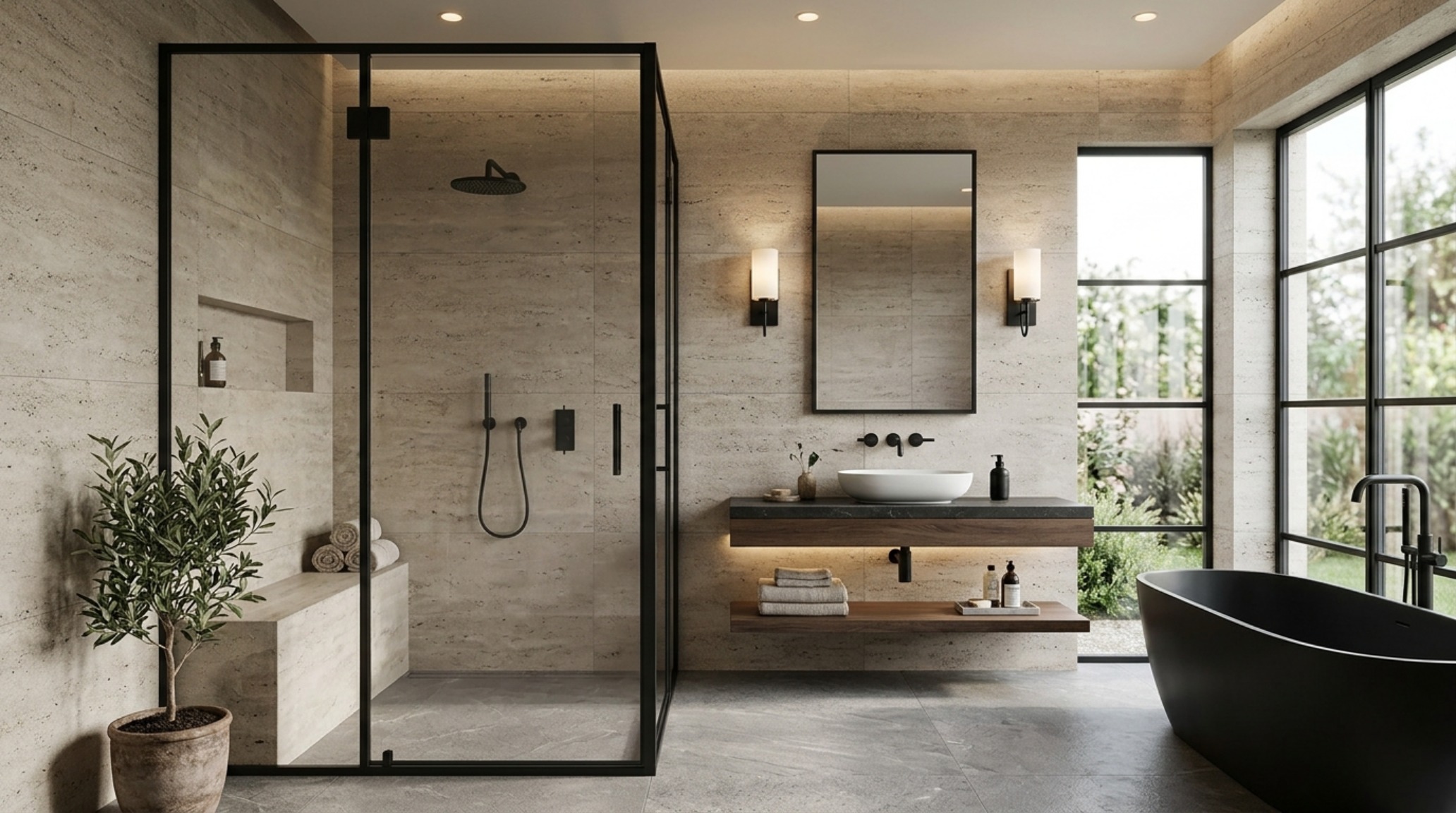 A luxury bathroom with honed travertine stone, matte black plumbing fixtures, and an industrial glass shower enclosure reflecting May 2017 decor aesthetics.