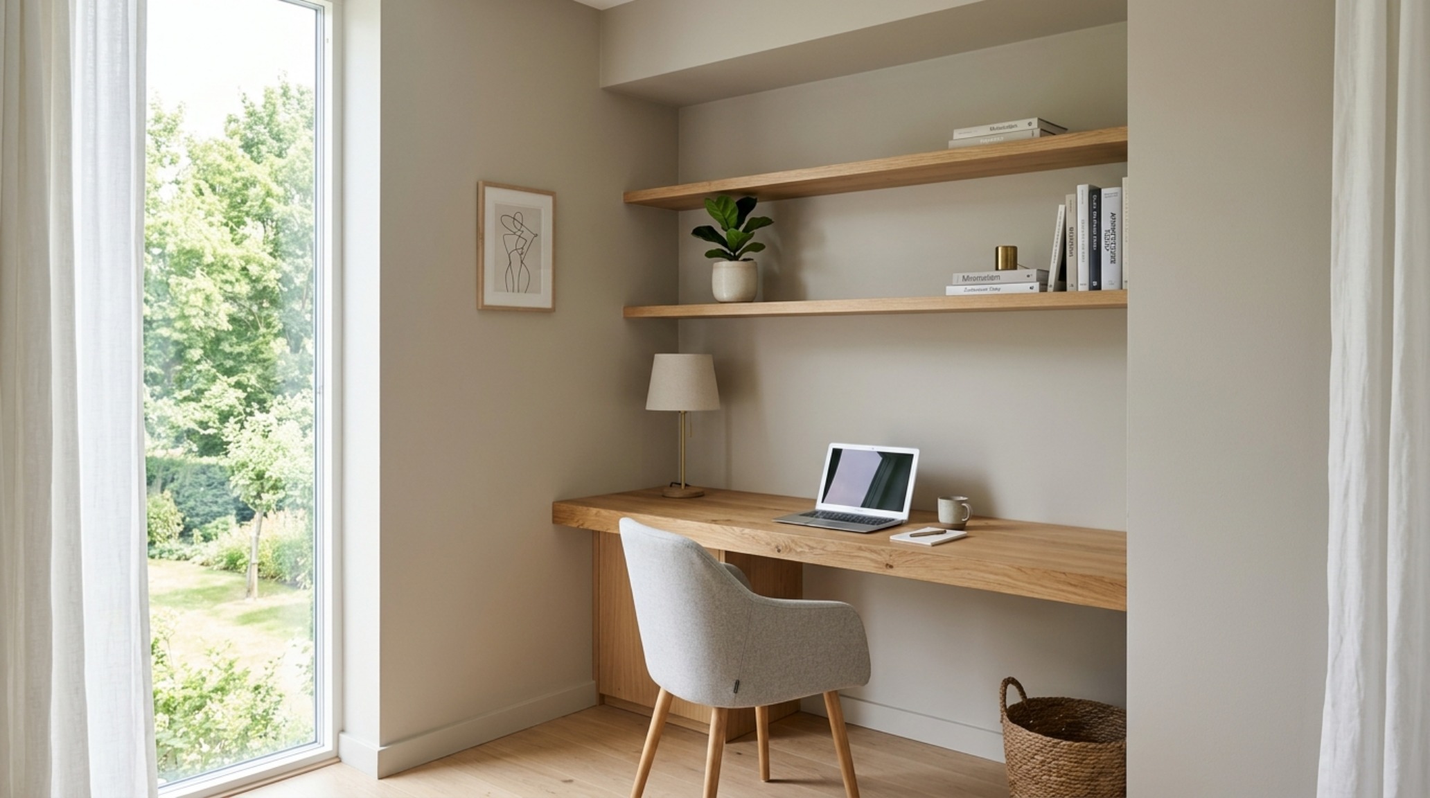A small home office nook integrated into a storage wall, featuring minimalist space-saving shelving and a warm greige color palette.