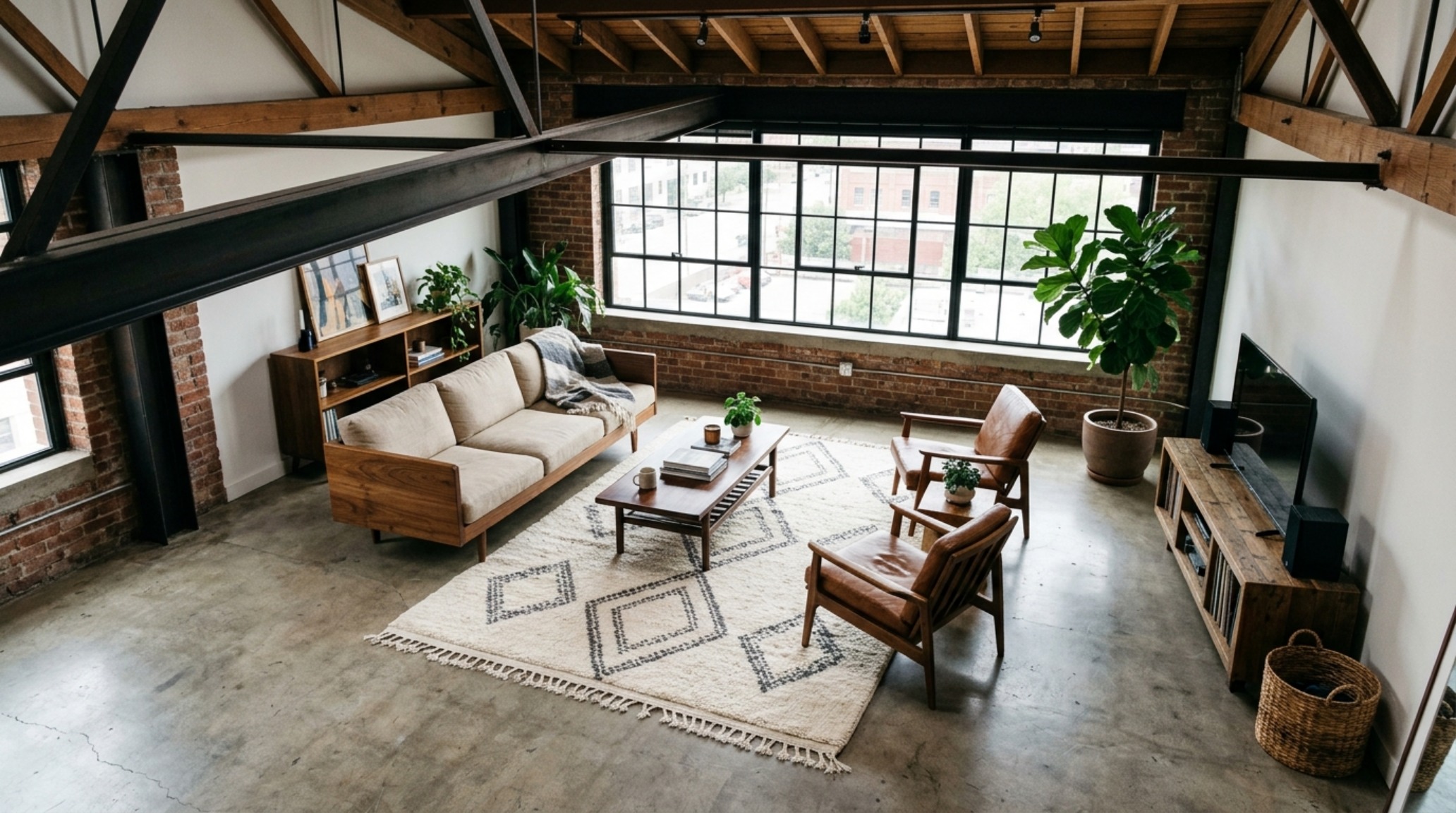 Industrial chic living space with high ceilings, exposed architectural beams, and a large Moroccan rug providing tactile grounding on polished concrete floors.