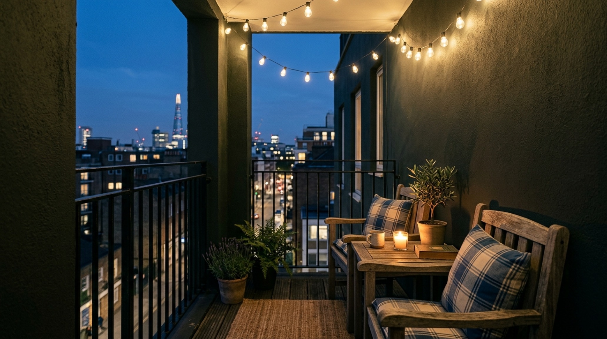 A moody apartment balcony at dusk with dark charcoal walls, warm 2700K string lights, and a weathered wood bench featuring navy plaid cushions.
