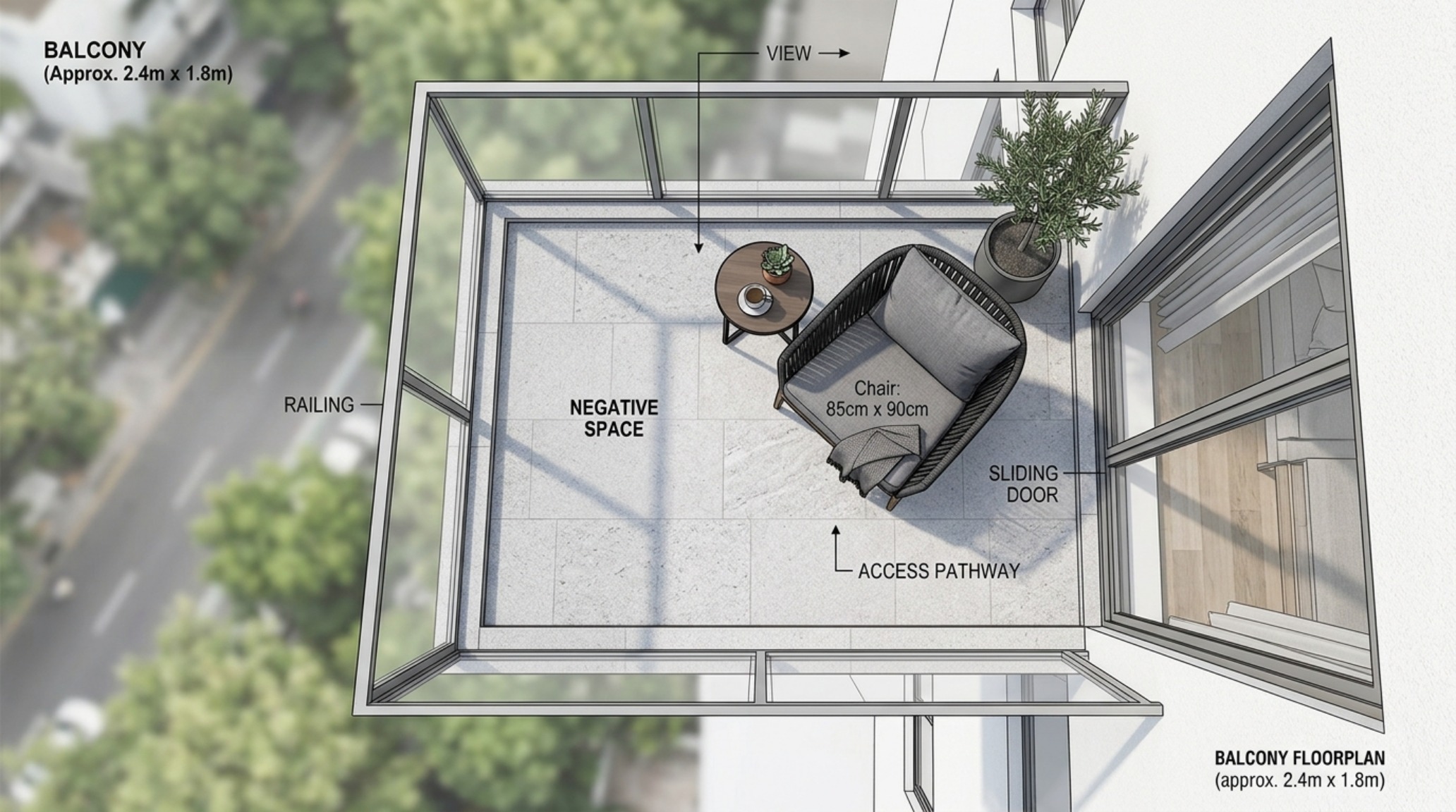 High-angle shot of a compact balcony layout emphasizing negative space and strategic placement of a single oversized lounge chair.