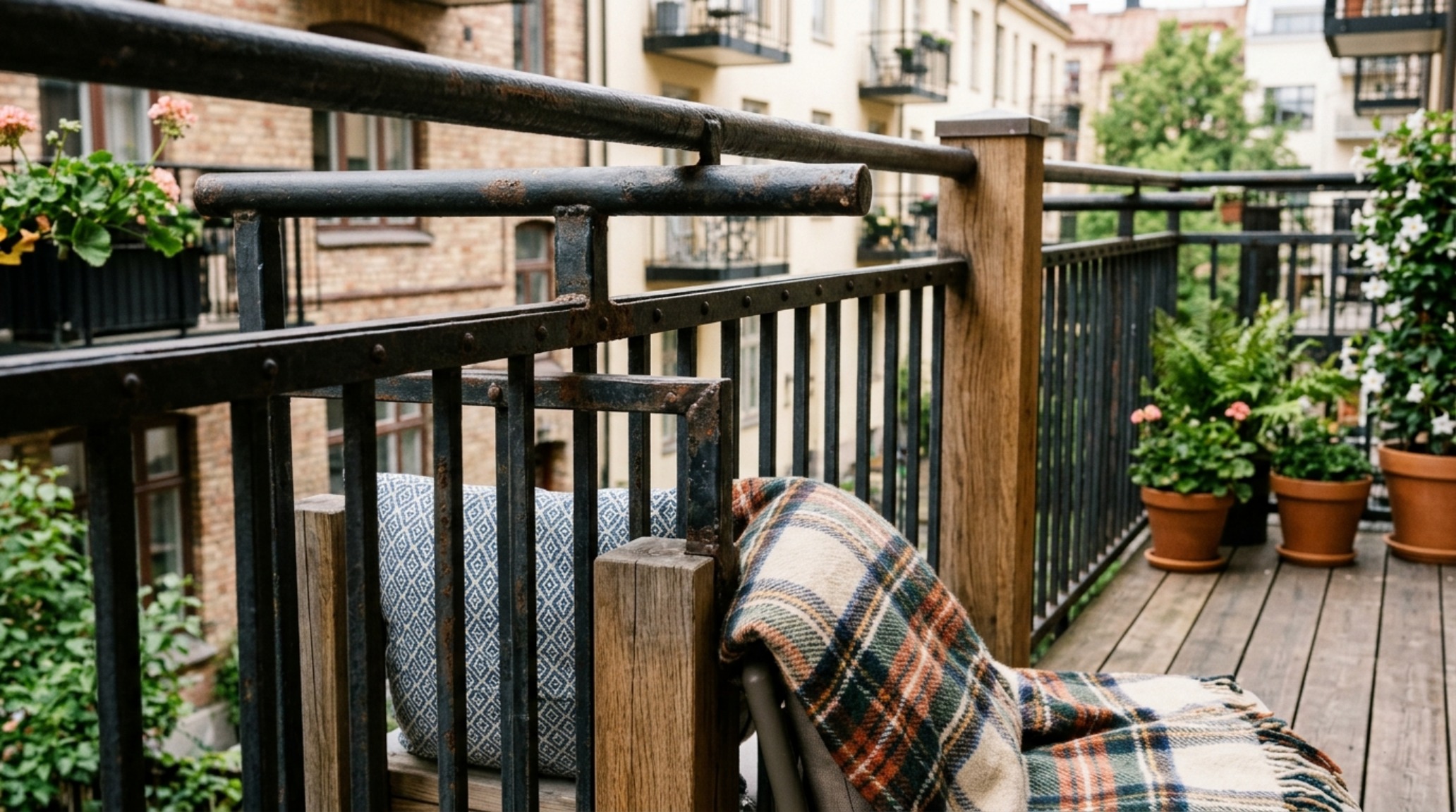 Tactile mix of industrial metal railings and soft outdoor textiles in a modern hipster-meets-grandma style balcony.