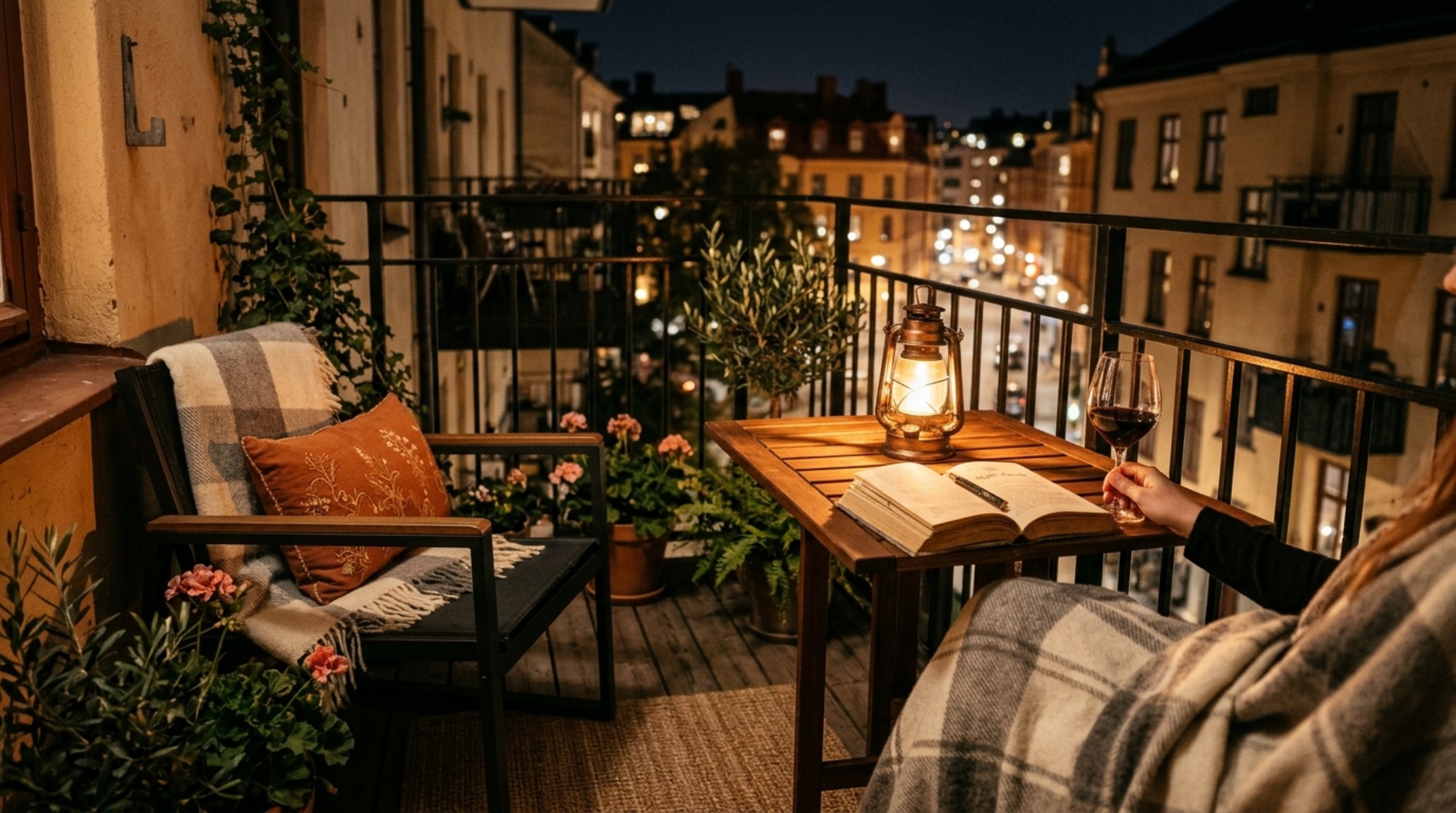 Warm 2700K ambient nook on a small balcony with a portable lantern and a stack of vintage design books.