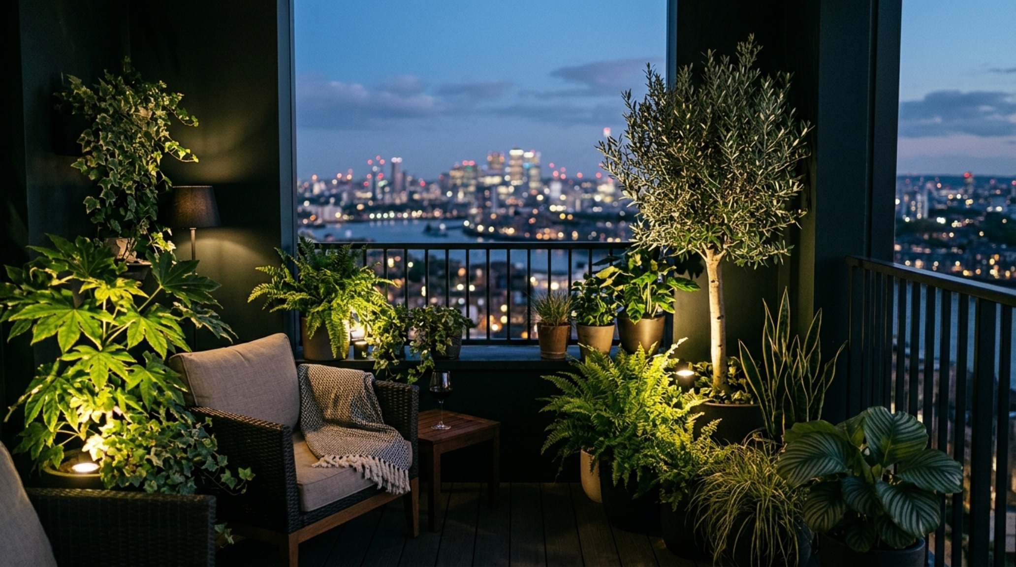 View of a sophisticated urban balcony retreat at twilight showcasing the receding boundaries created by dark Iron Ore paint.