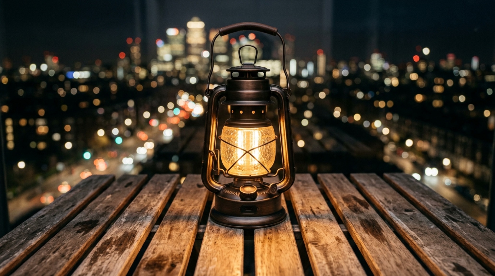 Close-up of a cordless bronze LED lantern casting a warm 2700K glow on a slatted teak side table with a glass of whiskey.