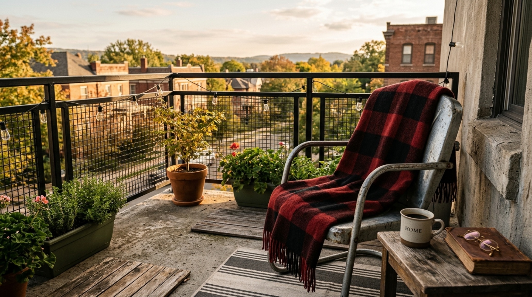 Modern Americana balcony seating area featuring a galvanized metal chair and a chunky wool throw with large buffalo check patterns.