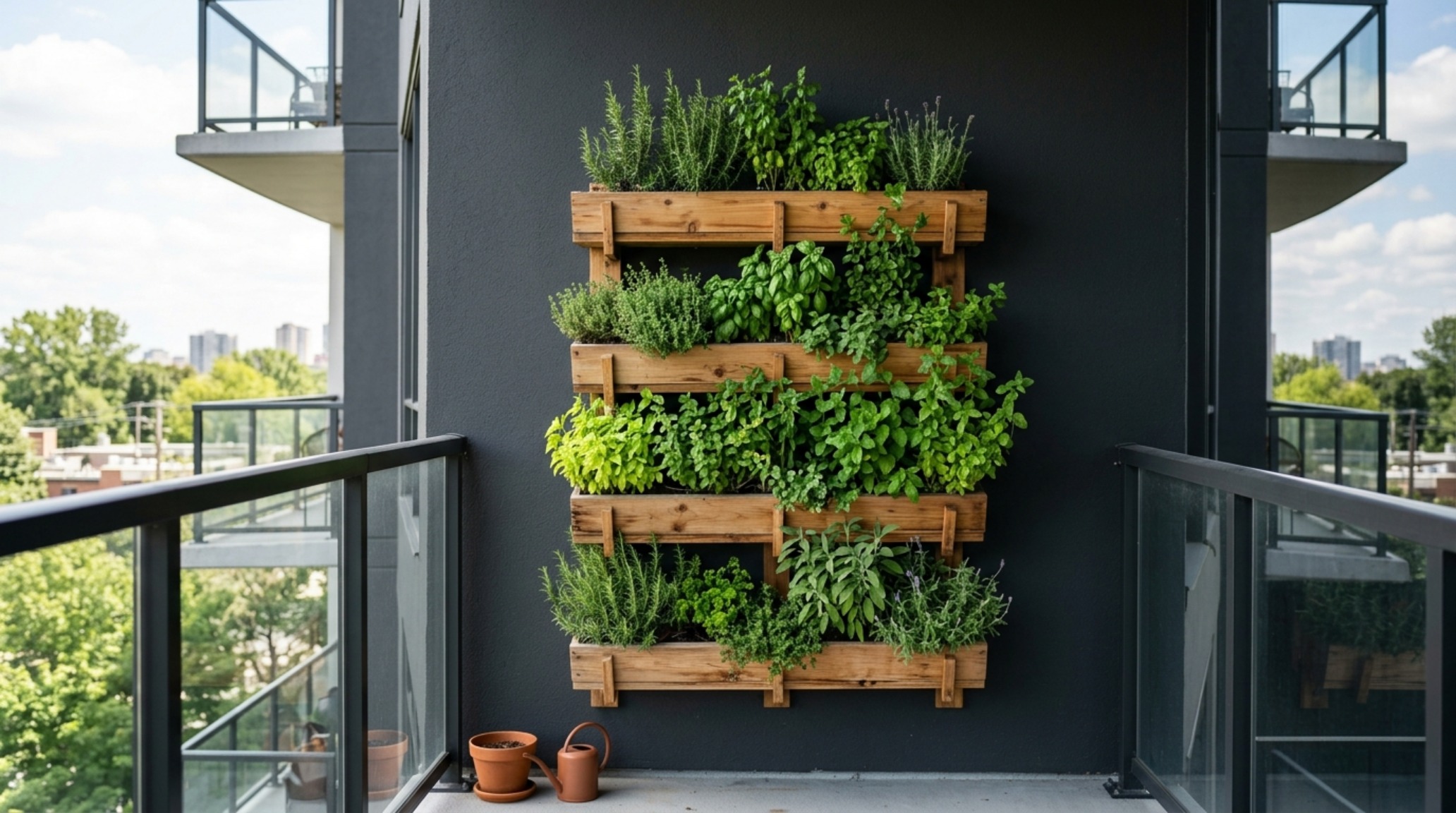 A dark-painted balcony wall in Sherwin-Williams Greenblack providing a moody backdrop for a vibrant green vertical garden screen.