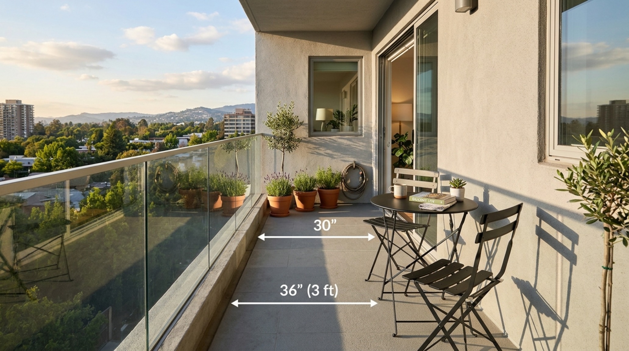 Architectural view of a narrow balcony layout showing a 36-inch clear walkway and a compact bistro set with 30-inch seating clearance.