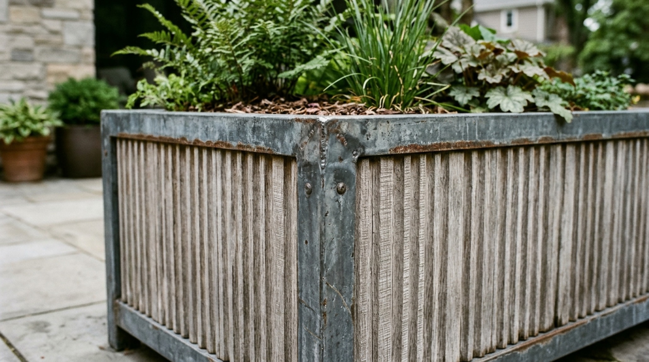 Detailed shot of a weathered zinc planter against a fluted oak privacy screen with soft directional sunlight.