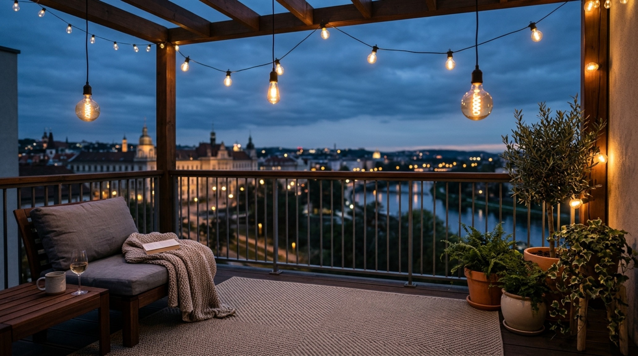 An evening view of a balcony featuring dimmable Edison-style bistro lights and a cozy outdoor rug in a neutral herringbone weave.