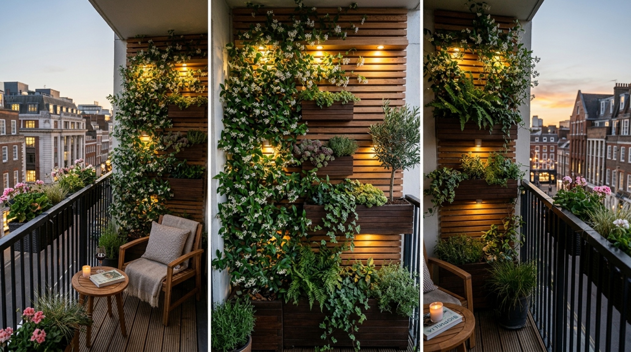 Small balcony garden design with a cedar slat wall, climbing ivy, and integrated LED accent lighting for a biophilic retreat.