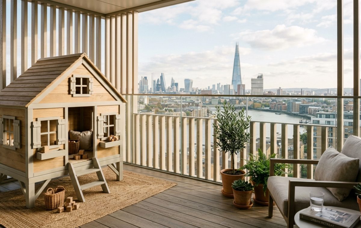 A wide-angle editorial shot of a luxury high-rise balcony featuring a custom-built miniature playhouse with vertical timber slats and a muted grey-white color palette, showcasing small apartment balcony ideas.