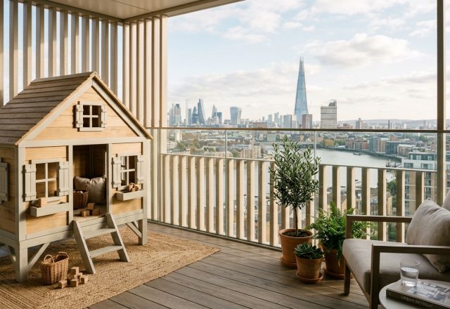 A wide-angle editorial shot of a luxury high-rise balcony featuring a custom-built miniature playhouse with vertical timber slats and a muted grey-white color palette, showcasing small apartment balcony ideas.