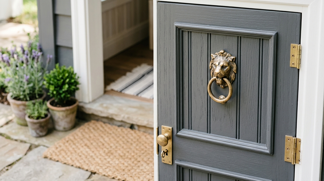 Stormi Jenner playhouse design details including miniature brass door knockers and bespoke linen curtains in a neutral sand color.