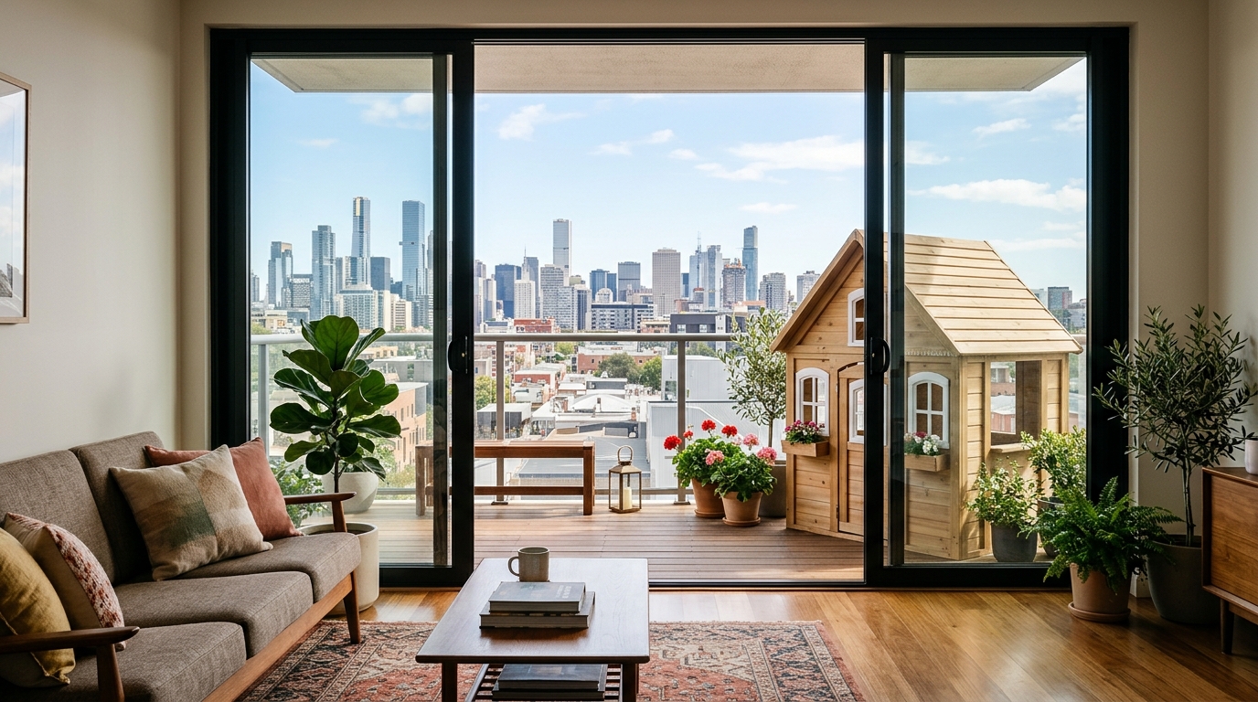 Architectural sightline alignment showing how a balcony playhouse is positioned to avoid obstructing the urban horizon view.