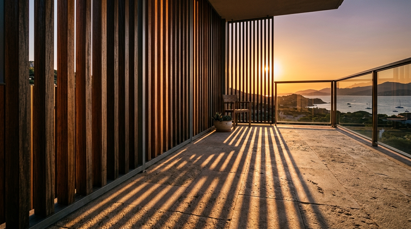 Daylight filtering through vertical oak slats on a balcony structure, creating a rhythmic shadow pattern on the limestone floor.