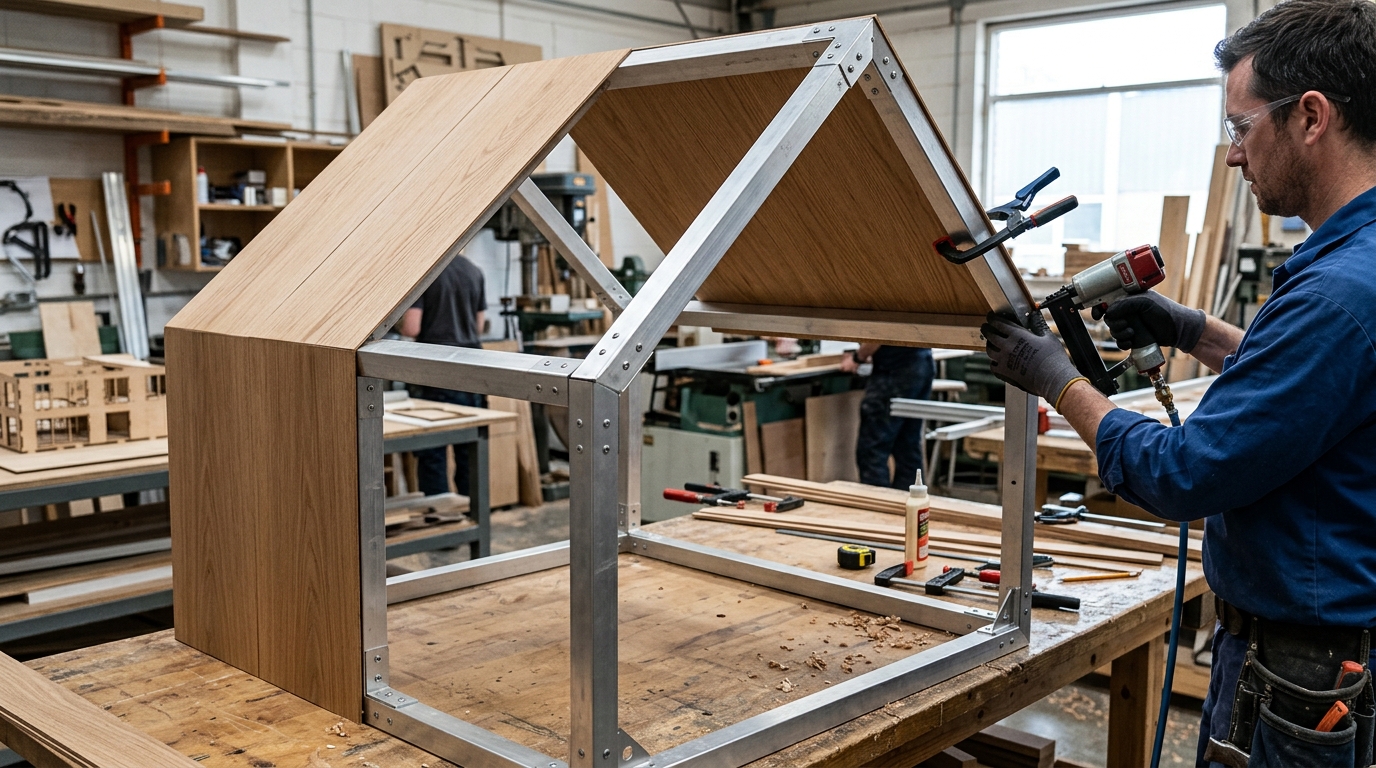 Sectional view of a lightweight steel frame construction for a balcony playhouse, ensuring safe load-bearing weight distribution.