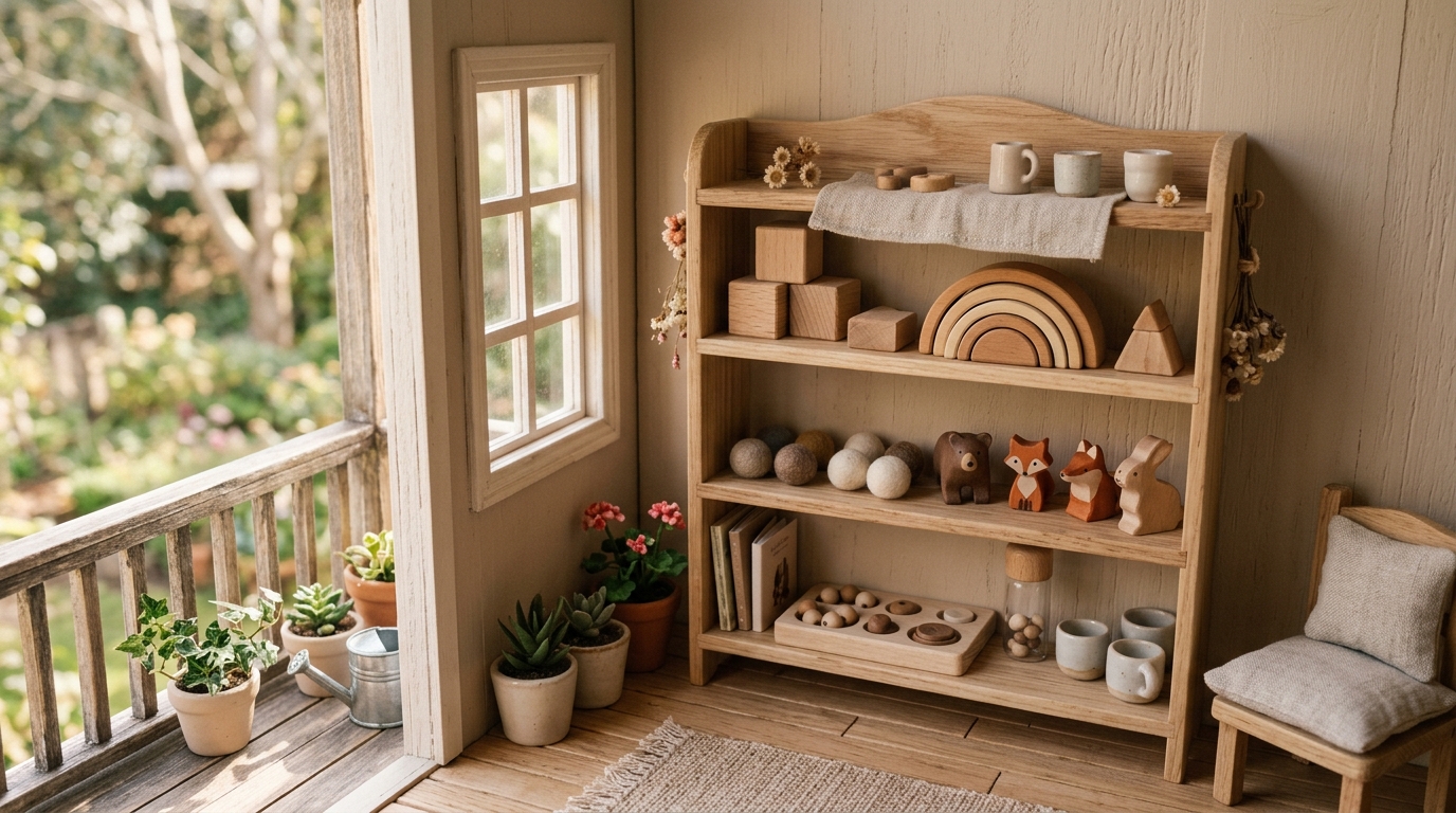 A curated outdoor shelf featuring small wooden toys and ceramic pots, styled with the same precision as an interior bookshelf.