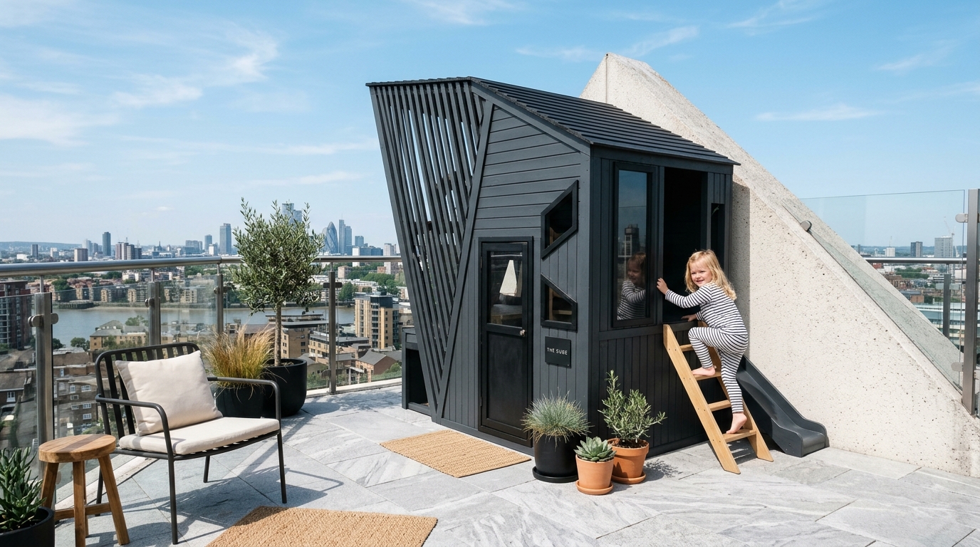 High-contrast shot of a slate charcoal playhouse against a white marble balcony floor, demonstrating a bold architectural color palette.
